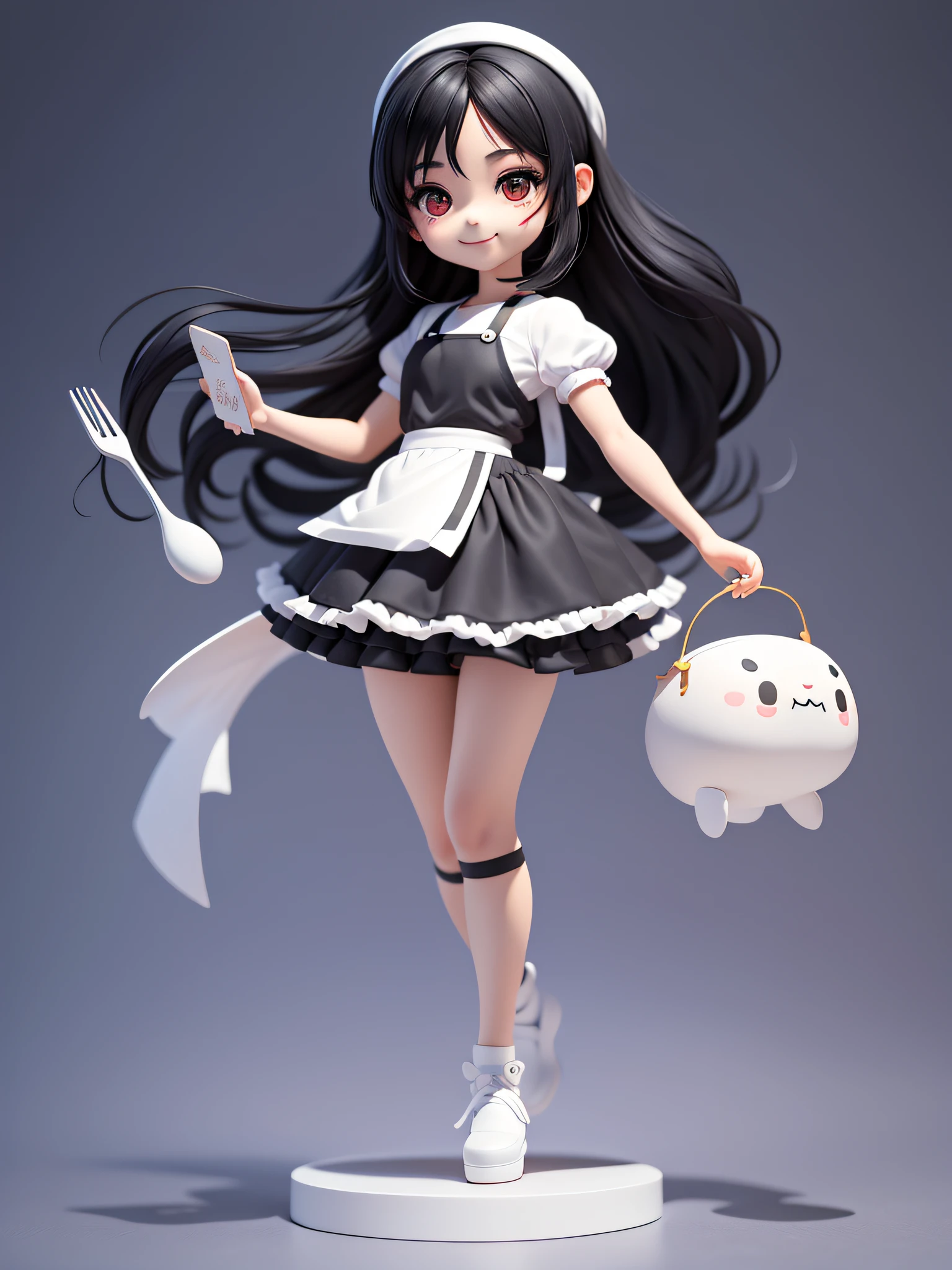 (​masterpiece)、(top-quality)、(full body:1.2)、smile , a very cute and beautiful chibi anime girl, straight black hair, black eye, white cook clothes, simple flat background, full body, standing, highly detailed face and eyes, clearly outlined, solo