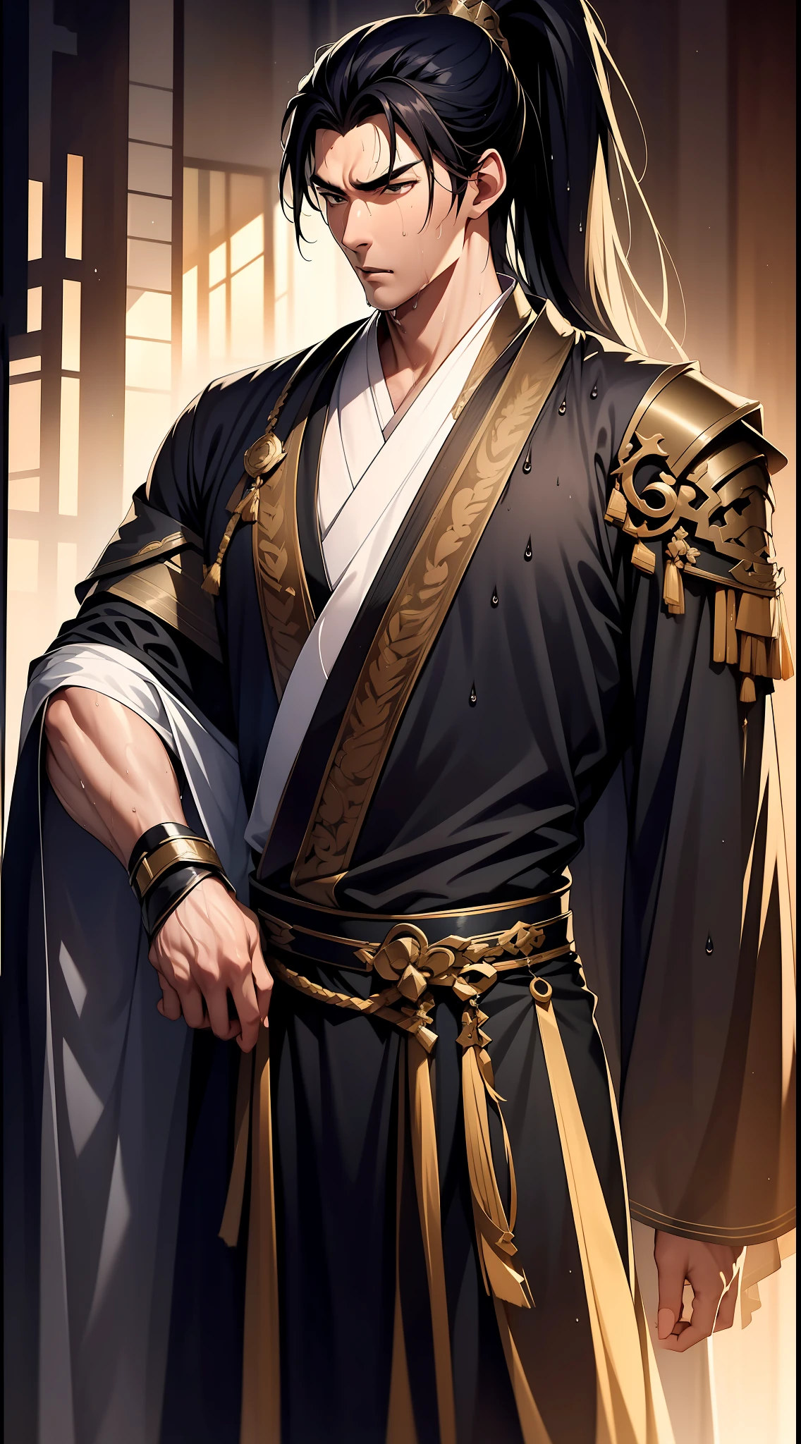 Two-dimensional, anime style, man (male warrior), muscle, correct proportions, face details, martial arts, high ponytail hairstyle, sweating, sweaty face, drooling, neck details, with Adam's apple, wet, wet, Hanfu costume, long robe, embroidered robe, dragon robe, clothing details, collar, long sleeves, game quality, swordsman demeanor, light and shadow tracing, ray tracing, detail glow, CG rendering, hair details, long black hair, golden eyes, sweaty face, handsome, handsome, sweat beads slipping down the neck, (juvenile feeling), complex clothing, wet, wet, perfect composition, refinement, high quality, more details, a lot of details, complex background, atmosphere,