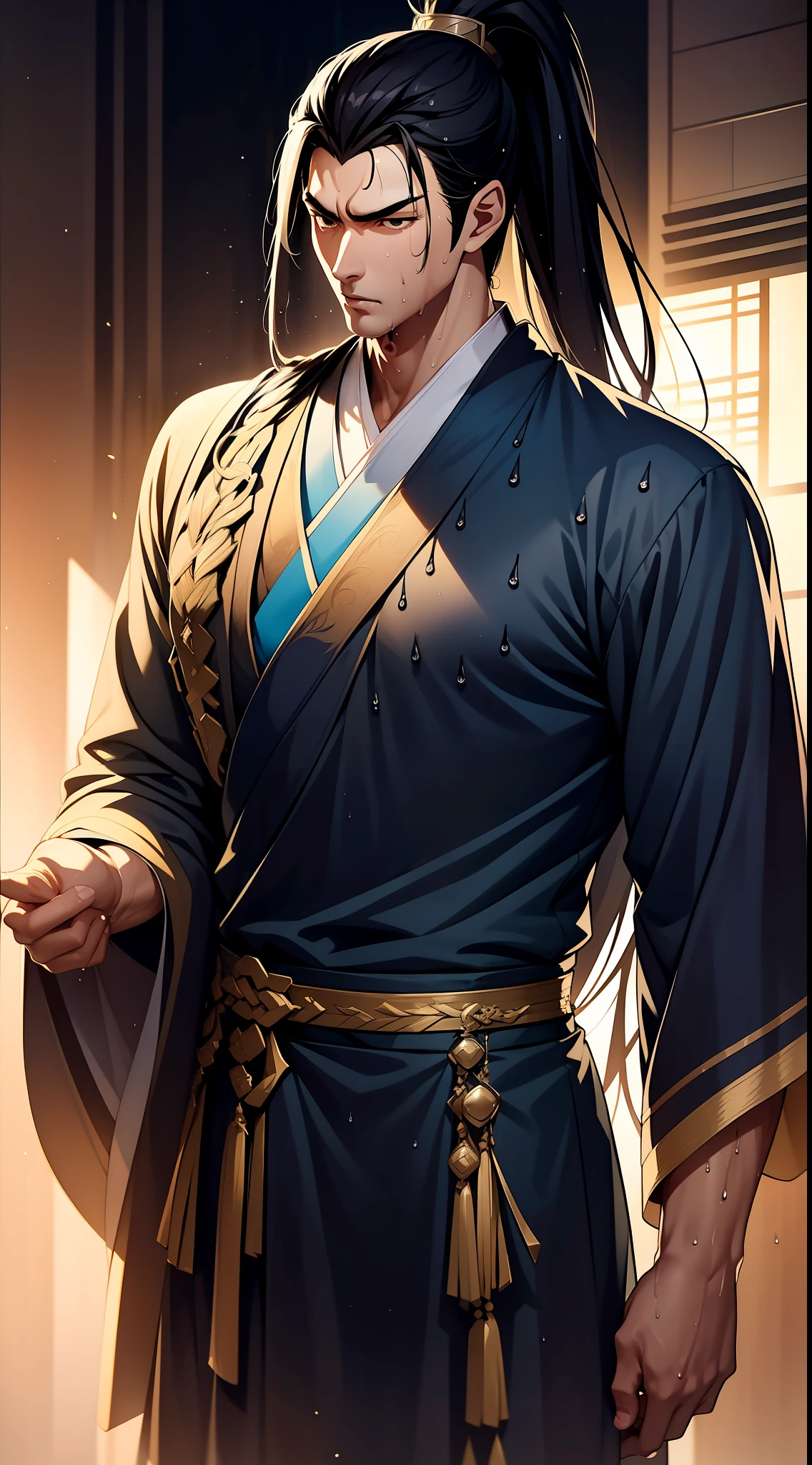 Two-dimensional, anime style, man (male warrior), muscle, correct proportions, face details, martial arts, high ponytail hairstyle, sweating, sweaty face, drooling, neck details, with Adam's apple, wet, wet, Hanfu costume, long robe, embroidered robe, dragon robe, clothing details, collar, long sleeves, game quality, swordsman demeanor, light and shadow tracing, ray tracing, detail glow, CG rendering, hair details, long black hair, golden eyes, sweaty face, handsome, handsome, sweat beads slipping down the neck, (juvenile feeling), complex clothing, wet, wet, perfect composition, refinement, high quality, more details, a lot of details, complex background, atmosphere,