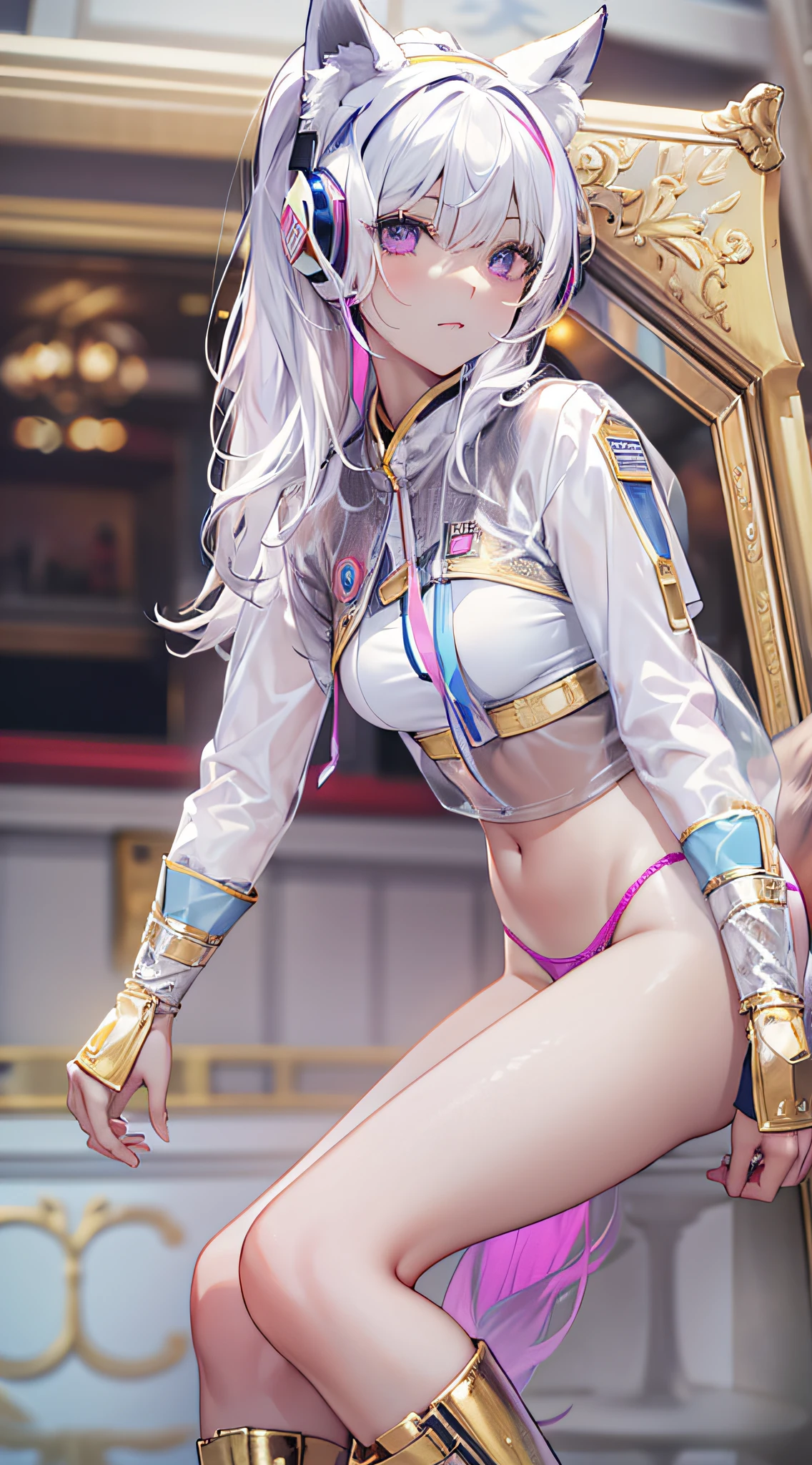 ((Masterpiece)), best quality, absurderes, ultra detailed, holographic, cowboy shot, dynamic pose, golden ratio, super cute girl, mature girl, extremely beautiful, super beautiful asian girl with super beautiful violet eyes, super beautiful white hair, shiny skin, high ponytail, nice and sexy body, slim and delicate body, perfect body, wearing a super tight printed white crop top, kawaii panties, fox headset, being photographed in a kawaii alien spaceship