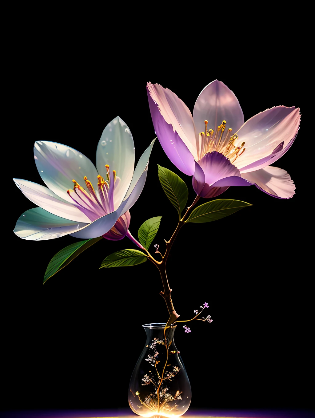 branch of delicate lilac flowers, super transparent, holy light, beautiful spectral light, petals glow, flashing, dark background, drops of transparent light, reflective light, bright, light streaming in, optics, portrait profile, sharp focus, magical, intricate, ultra realistic, fantasy, composition, light, trend on artstation, pearl, patronus cloud of silvery vapor, corrosive enveloping ray family, 8k, ureal ar 23v4 uplight