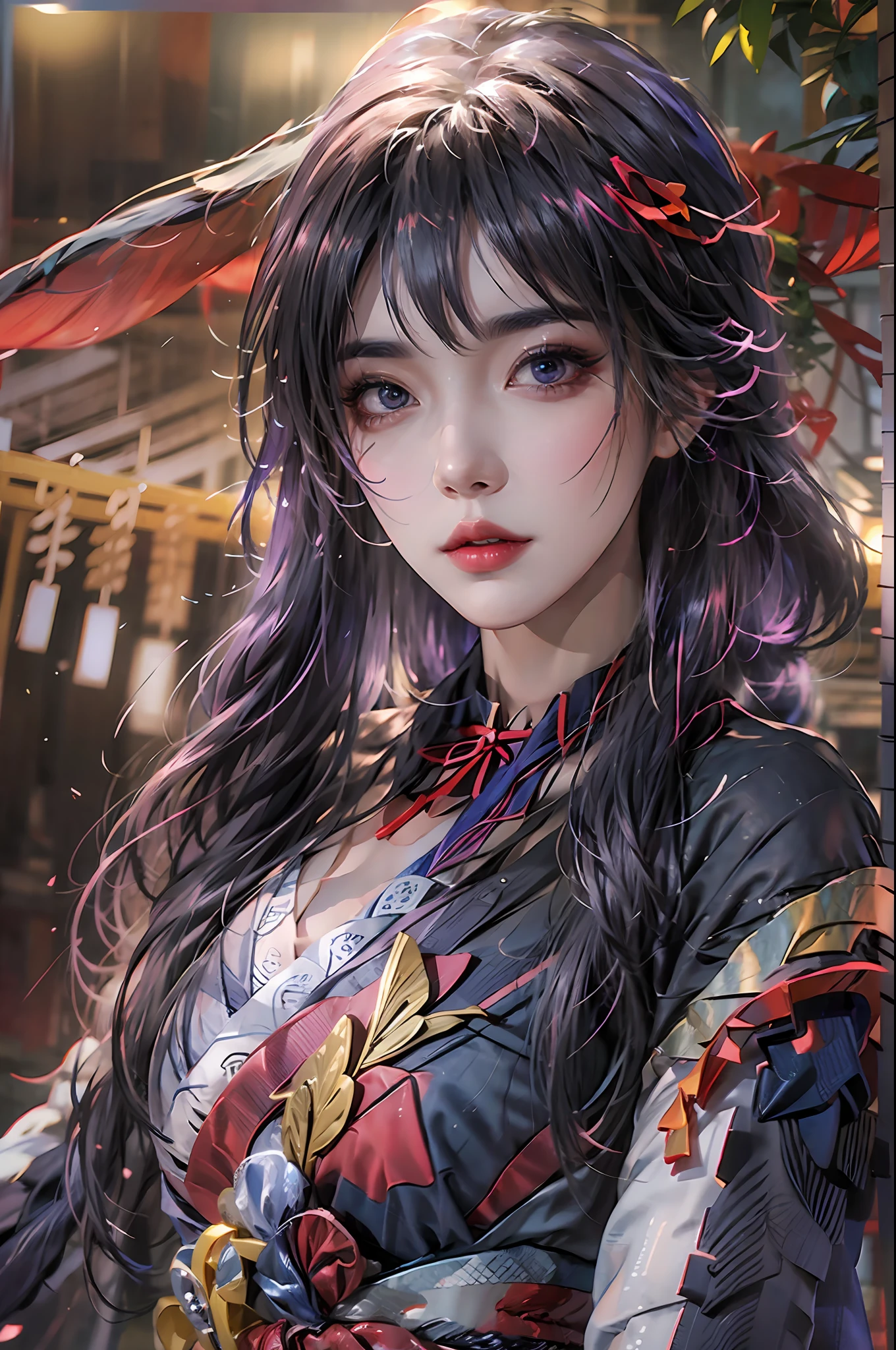 photorealistic, high resolution, 1 girl, hips up, long hair, beautiful eyes, normal breast, raiden shogun costume