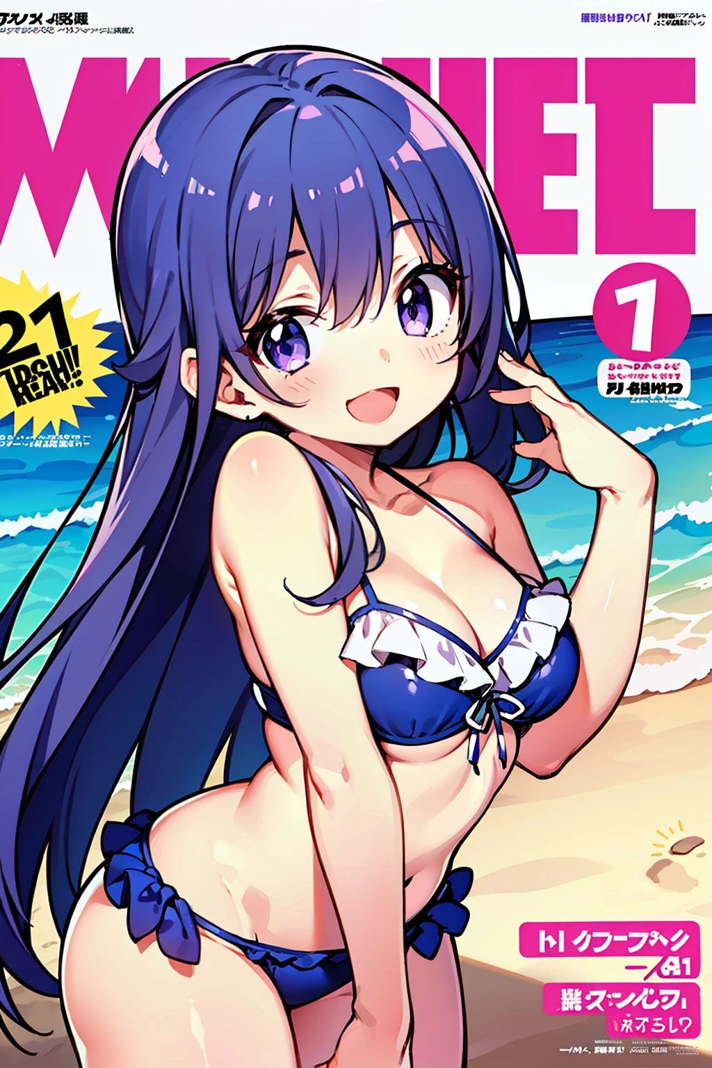 1 girl in、Long blue hair、Hair swaying in the wind、disheveled hair、Purple eyes、Shining eyes、Light purple ruffled swimsuit、fril swimsuit、kawaii、Smile with open mouth、Gentle laughter、((Magazine covers))、mare、Beautiful light depiction、dappled light、hands above your head、Dazzling、Beach、((masterpiece best quality:1.2)), [[Bad face]], [[Fused fingers]]