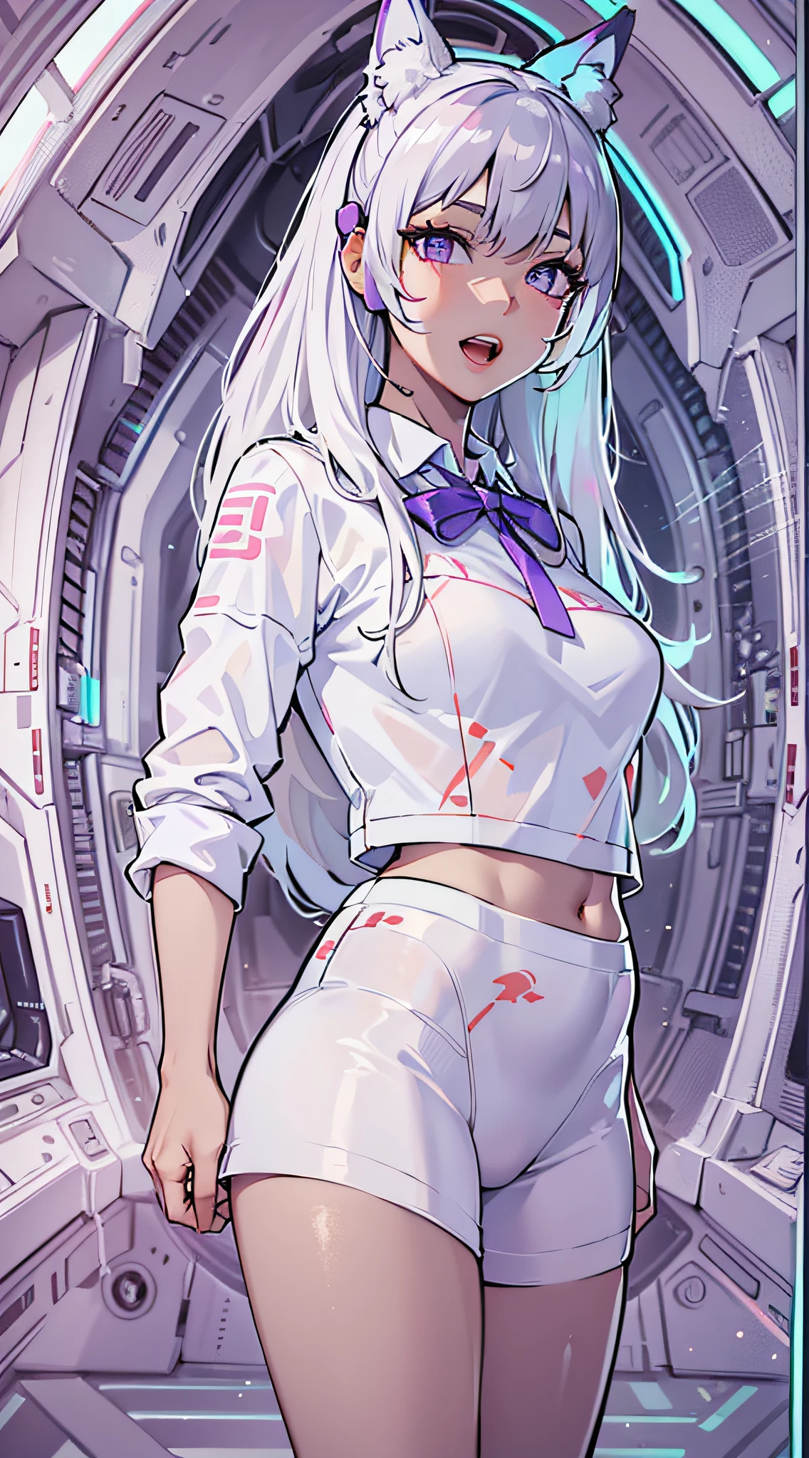 ((Masterpiece)), best quality, absurderes, ultra detailed, holographic, cowboy shot, dynamic pose, golden ratio, super cute girl, mature girl, extremely beautiful, super beautiful asian girl with super beautiful violet eyes, super beautiful white hair, shiny skin, high ponytail, nice and sexy body, slim and delicate body, perfect body, wearing a super tight printed white crop top, kawaii panties, fox headset, being photographed in a kawaii alien spaceship