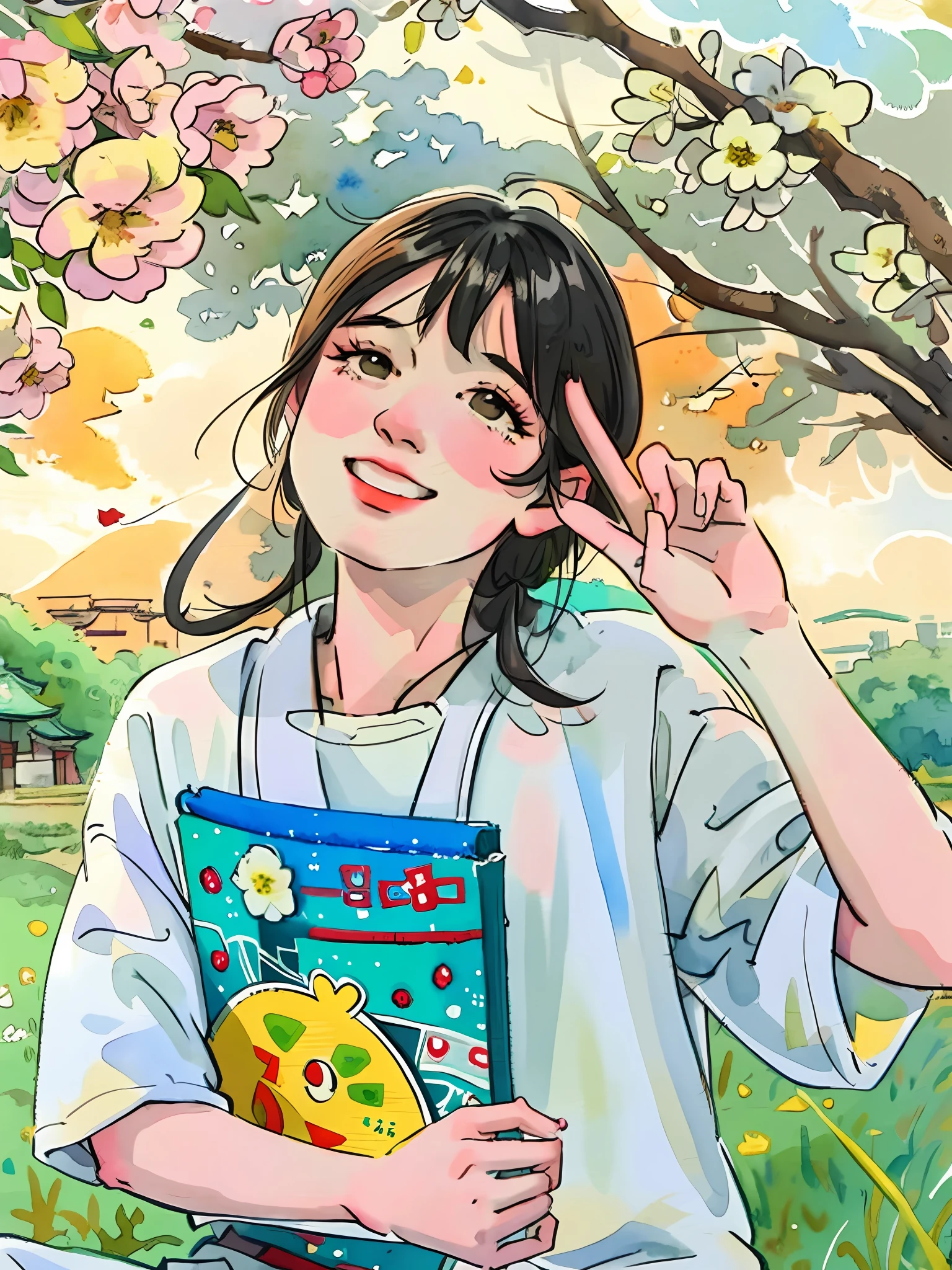 arafed girl sitting on the grass with a book and a peace sign,,(Masterpiece), (best detail), (Best quality),(((watercolor ))),watercolor background,(Tokyo)(Japanese kimono culture),watercolor background,happy,small, Young and good-looking(vintage background),chch-style,full and correct eyes,low color saturation,Sketch