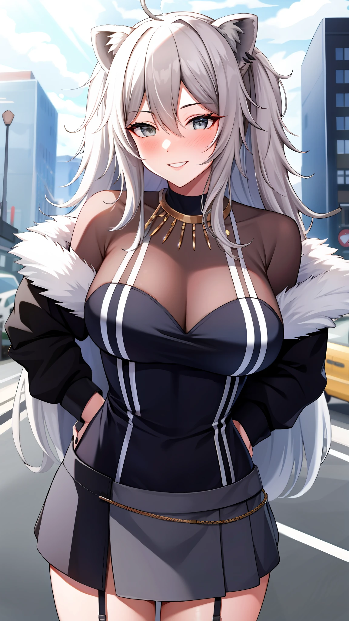 absurdres, highres, best quality,  Botan, black top, fur-trim, oionlion ears, messy hair, skirt, messy hair, grey eyes, grey hair, long hair, black nails, sharp nails, dynamic pose, sexy pose, seductively smile, blush, hands behind back, city road, on the road,