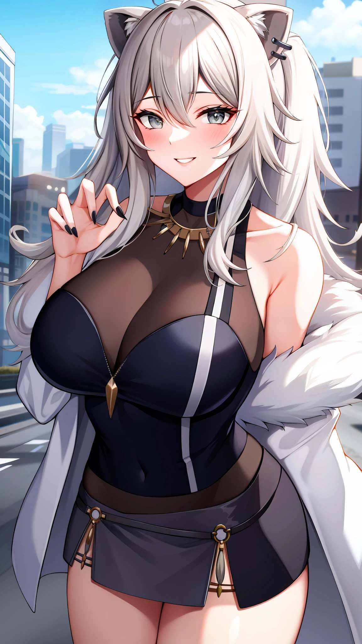 absurdres, highres, best quality,  Botan, black top, fur-trim, oionlion ears, messy hair, skirt, messy hair, grey eyes, grey hair, long hair, black nails, sharp nails, dynamic pose, sexy pose, seductively smile, blush, hands behind back, city road, on the road,