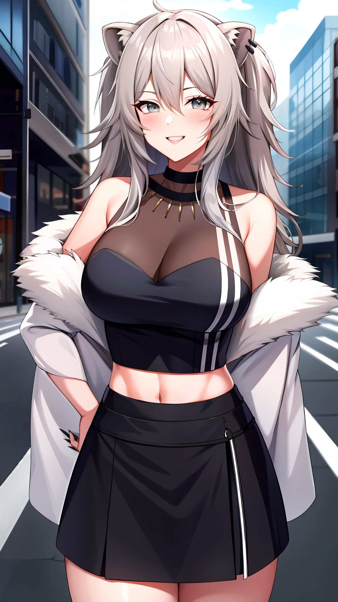 absurdres, highres, best quality,  Botan, black top, fur-trim, oionlion ears, messy hair, skirt, messy hair, grey eyes, grey hair, long hair, black nails, sharp nails, dynamic pose, sexy pose, seductively smile, blush, hands behind back, city road, on the road,