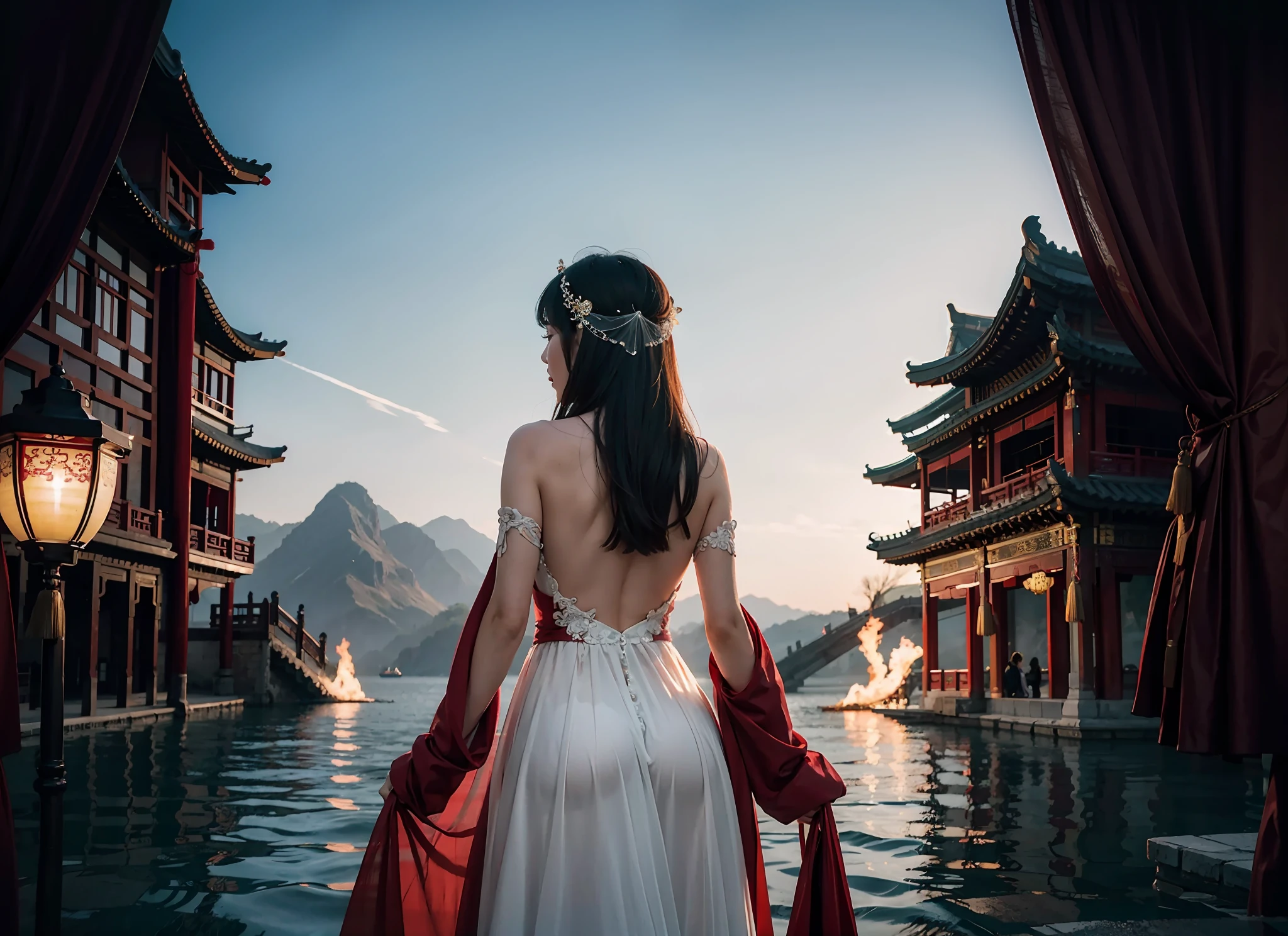 tmasterpiece，China-style，Best picture quality；Immortal CG，Extremely fine，8k wallpaper level；Romantic aesthetics，Ultimate purity，Floating screen；A bride with her full back to the camera，Dressed in gorgeous wedding dresses，Wear a red hood，Standing in the picturesque red sea on the other side；The sky is covered with red light，It's like a sea of fire，Suffocating。