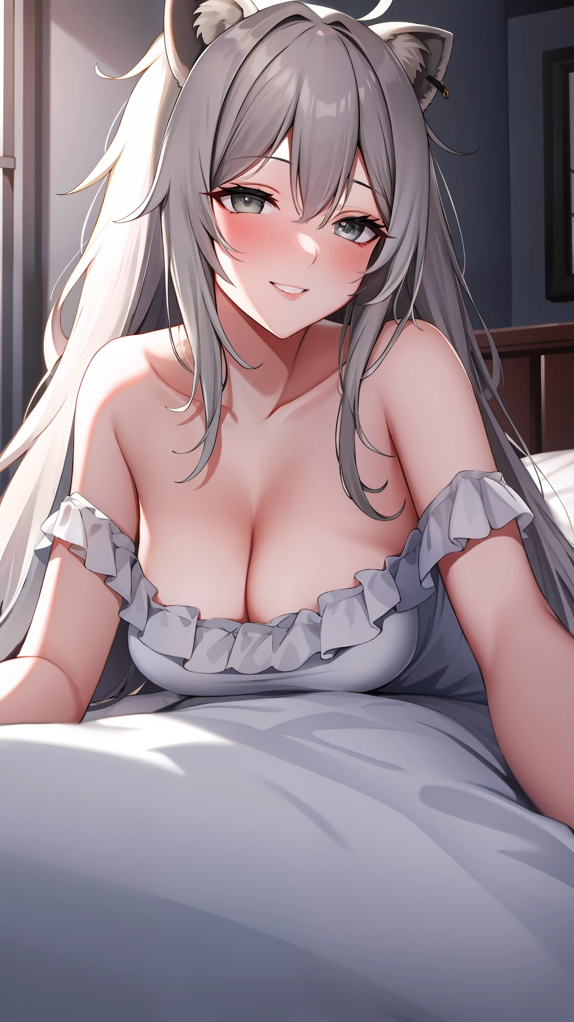 absurdres, highres, best quality,  Botan, night dress, bare shoulder, oionlion ears, messy hair, messy hair, grey eyes, grey hair, long hair, dynamic pose, sexy pose, seductively smile, blush, hands behind, bed, bedroom, lying, lying on bed,