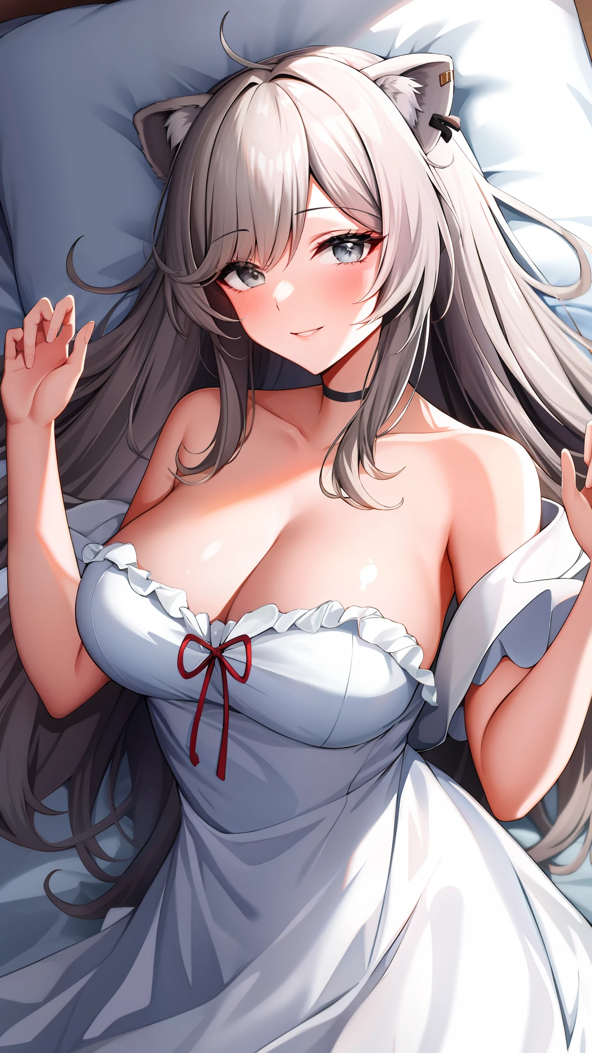 absurdres, highres, best quality,  Botan, night dress, bare shoulder, oionlion ears, messy hair, messy hair, grey eyes, grey hair, long hair, dynamic pose, sexy pose, seductively smile, blush, hands behind, bed, bedroom, lying, lying on bed,