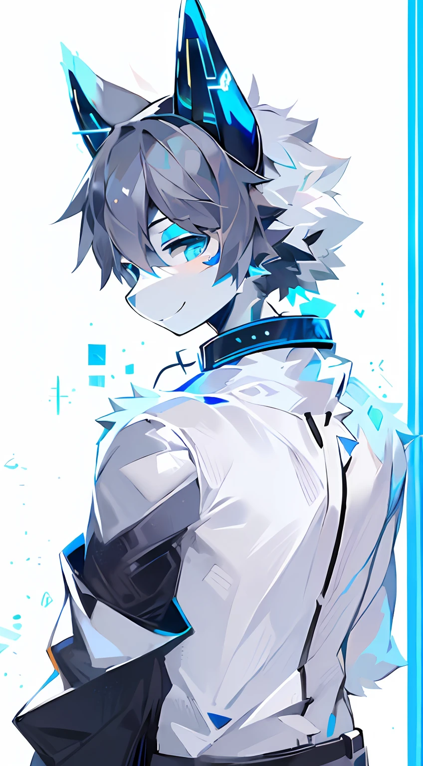 frontage，Facing the lens，Persona diagram，White face，Dark gray hair，Black headphones，Hands in pockets，Smile gently，Pupil blue，White color blouse，Wears a white trench coat with a blue pattern