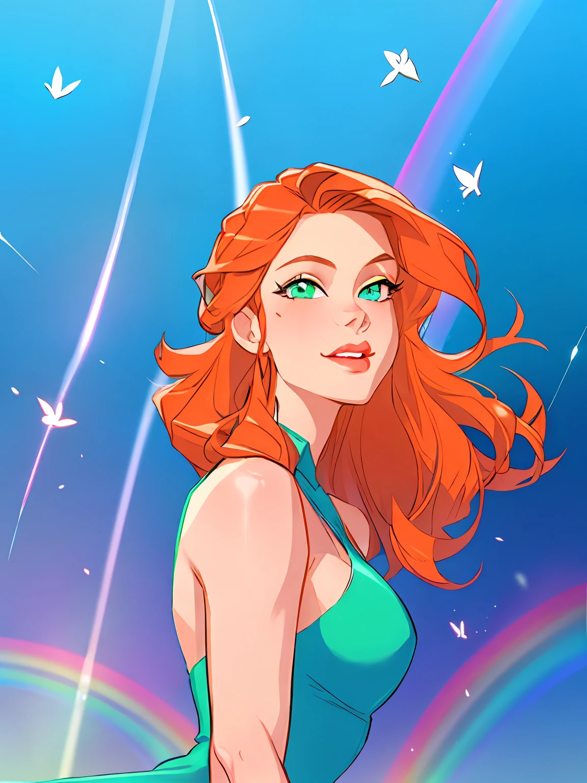 redhead woman with long red hair and green dress posing for a picture,hyper HD,(best detail),rainbow,(best qualtiy),the perfect face,naturey,Colorful,young,Youth,Pleasure,starlights,Irridescent color