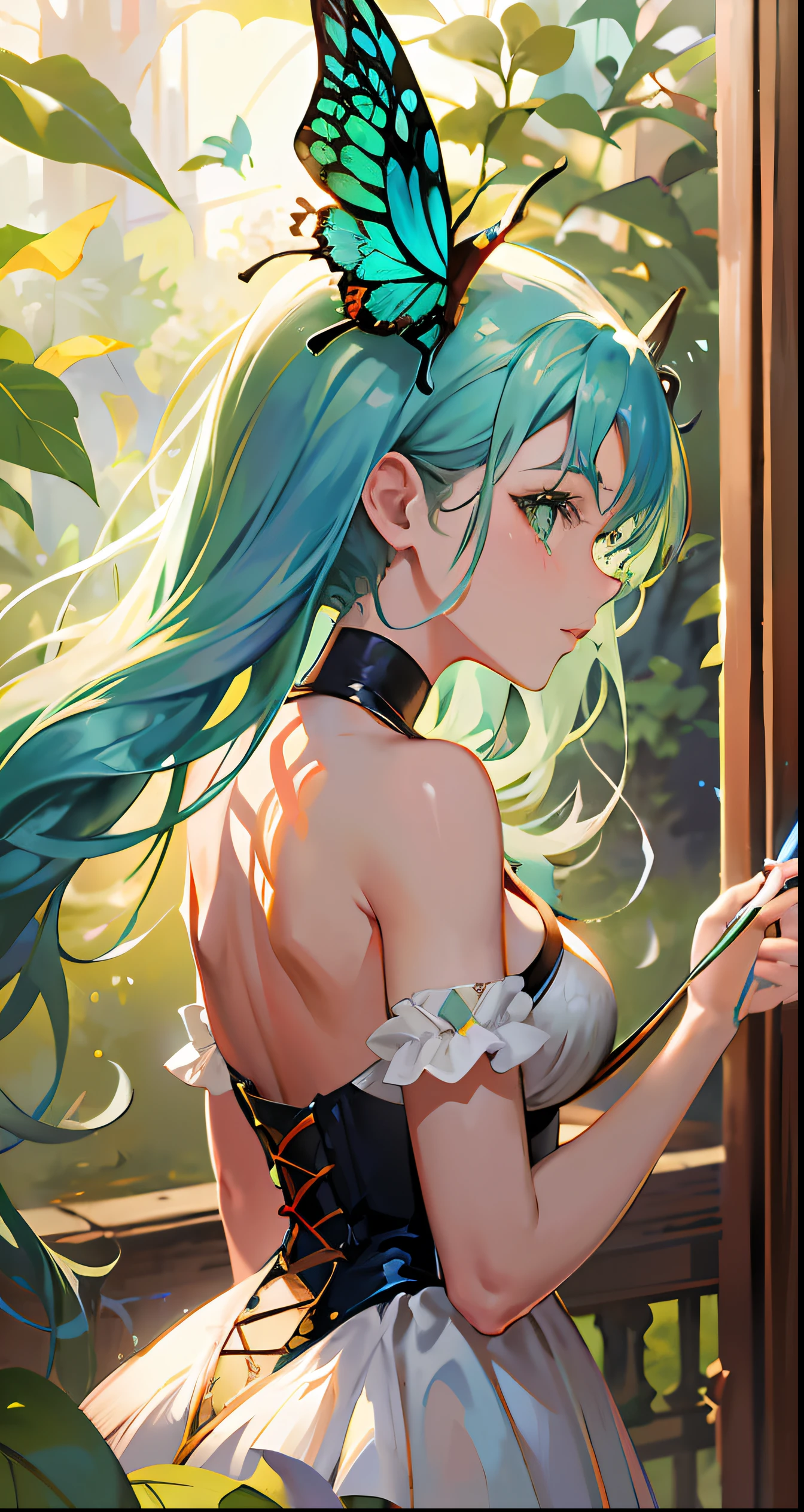 Anime girl with blue hair and butterflies on her head looking at her phone, Artgerm and Atey Ghailan, Extremely detailed Artgerm, ! There is a green hair,Woman with butterfly wings on her head, Ross Tran 8 K, Loish et WLOP, In the style of Ross Tran, Beautiful digital artwork, inspired by Ross Tran, beautiful fantasy art, Fantasy art style, loish and ross tran, Deviantart ArtStation CGSCOSIETY, Guviz-style artwork,watercolor paiting,Light green vs light blue,Create a cool atmosphere,Romantic light,Soft and shiny,Summer water lamp effect。Splash ink,Epic exquisite butterfly art,Amazing butterfly art