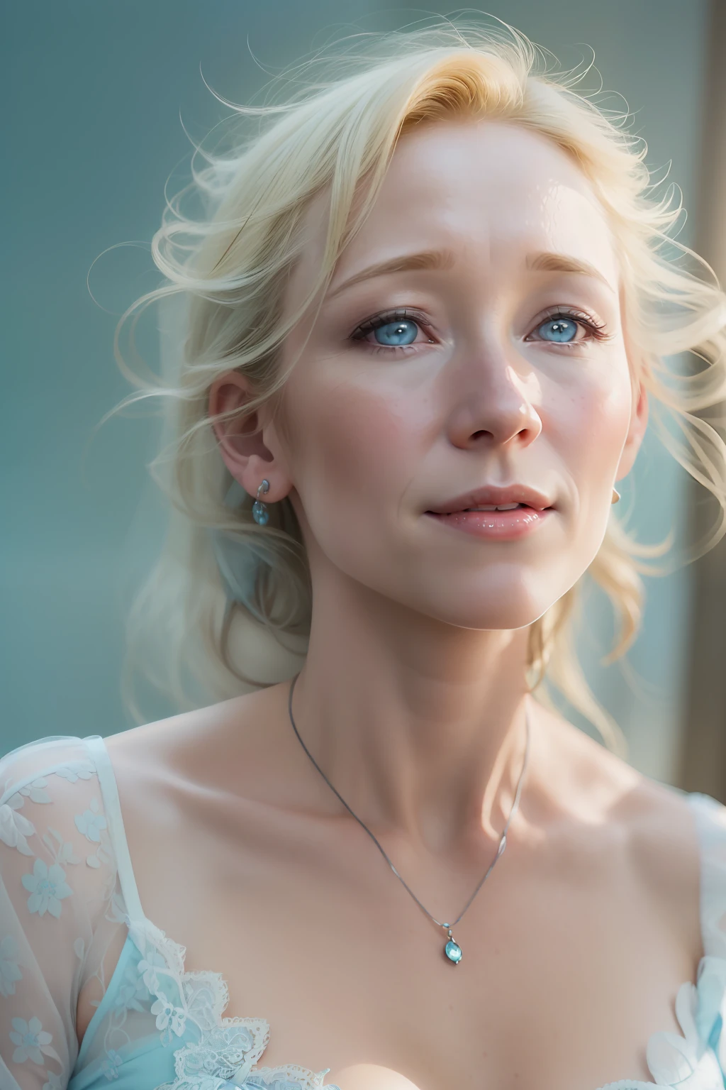 (((Anne Heche looks dreamy))), (sie steht an einem See in den Bergen), ((she has round breasts)), (she wears a light blue lace dress), (kleiner Kopf), ((detailliertes Gesicht)), (fotorealistisch), (Raytracing), (scharfer Fokus), ((natural realistic skin texture)), detaillierte Lippen, (Sommersprossen))