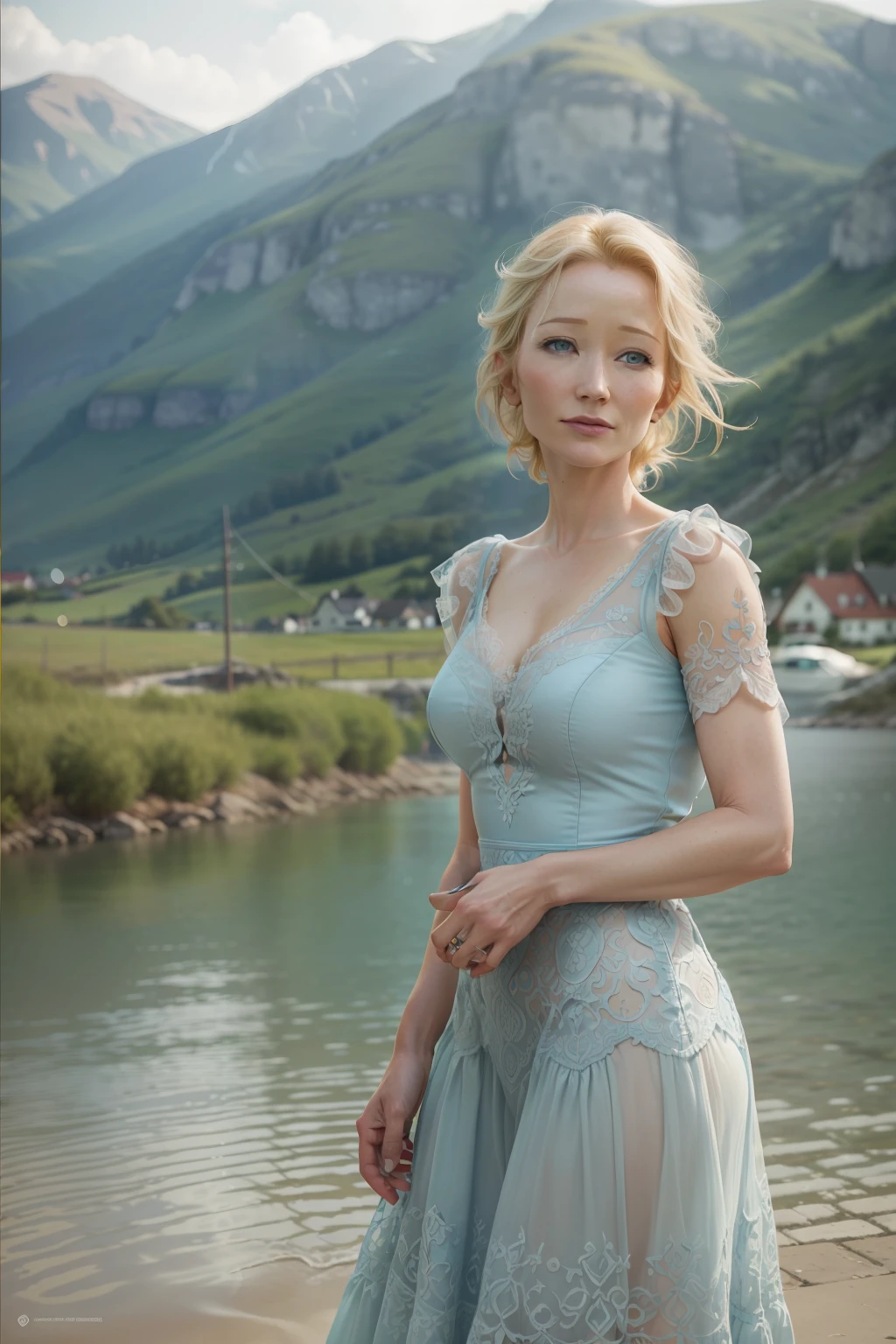 (((Anne Heche looks dreamy))), (sie steht an einem See in den Bergen), ((she has round breasts)), (she wears a light blue lace dress), (kleiner Kopf), ((detailliertes Gesicht)), (fotorealistisch), (Raytracing), (scharfer Fokus), ((natural realistic skin texture)), detaillierte Lippen, (Sommersprossen)), side_view_perspective