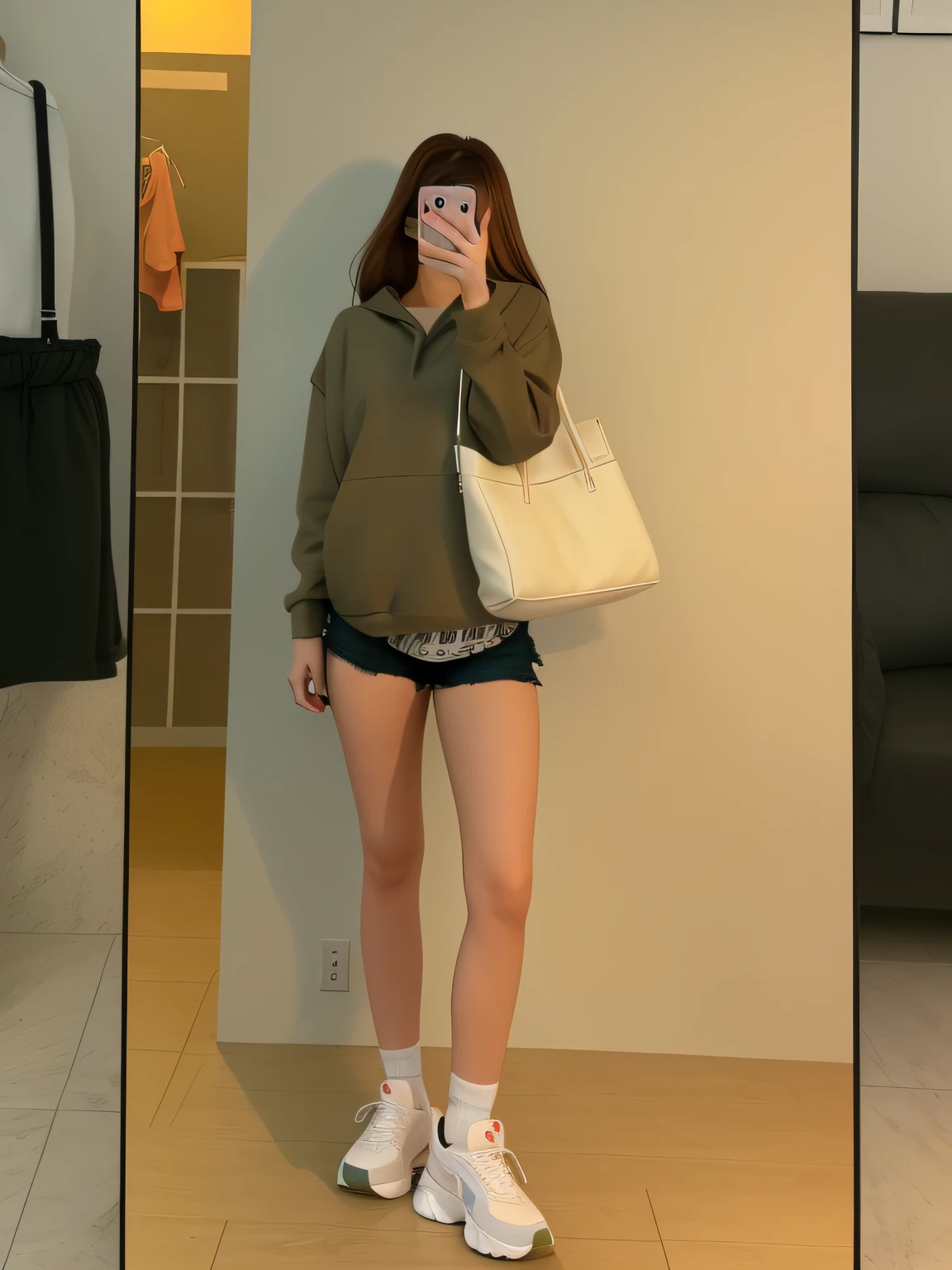 there is a woman taking a picture of herself in the mirror, Casual clothes, Casual clothing, She is seen wearing streetwear pieces, beige hoodie, wearing a fisher 🧥, outfit photograph, is wearing a shorts, Full body picture, Simple clothes, 🤬 🤮 💕 🎀, wearing casual cloths, Cute casual streetwear, whie tcolor, casual streetwear, Casual pose, 2 4 year old female model