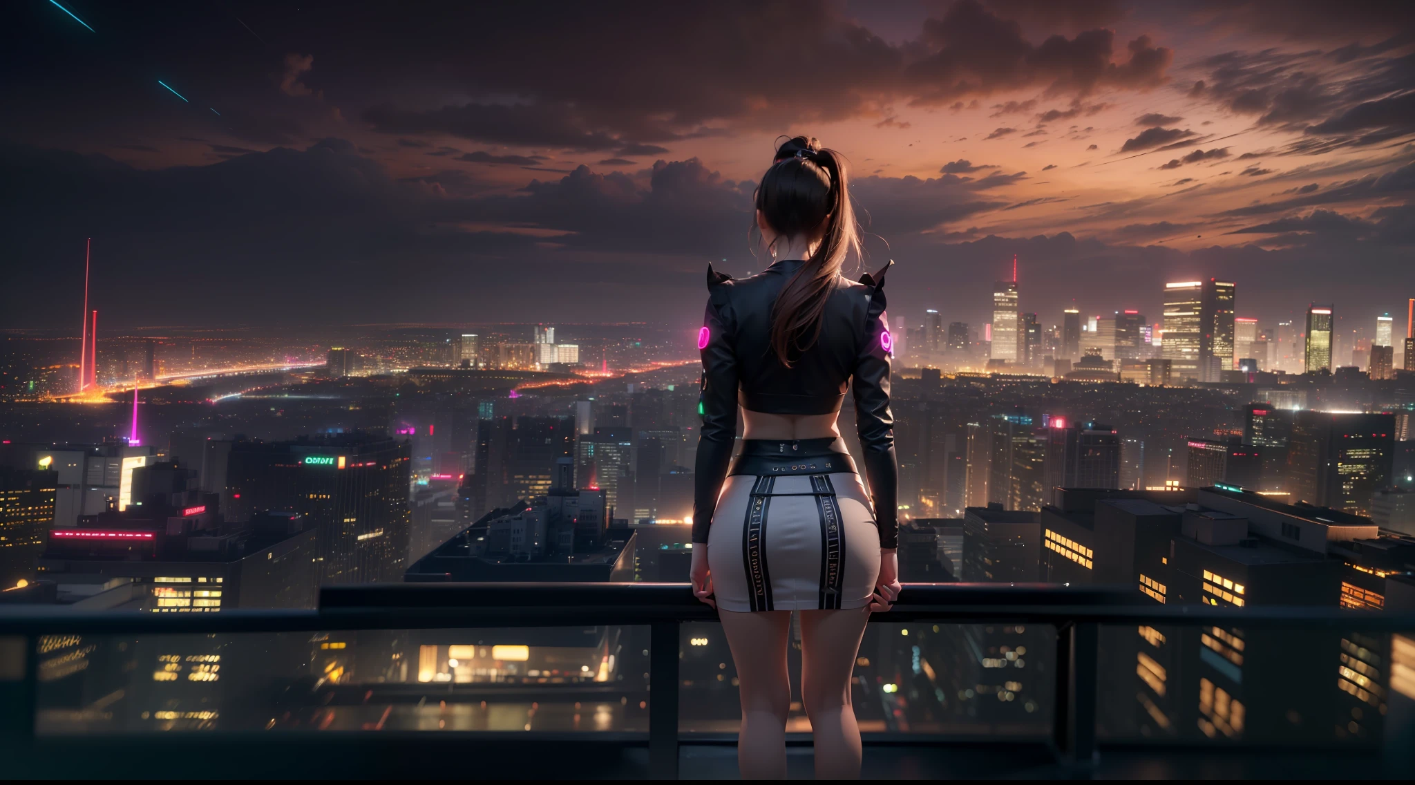 ((woman on top of building)),(view to the city:1.5), Realistic, Best Quality, (((little black skirt: 1.5))))),((black crop top:1.3)), (big breasts: 1.7),(big ass: 1.6), ((night time:1.3)), dynamic lighting, intricately , volumetric lighting, trending on Artstation, warm colors, ambient occlusion, 8K resolution, depth of field, ((Unreal Engine 5: 1.2)), ((glowing neon: 1.7)) ((master piece: 1.6)), (((perfect anatomy: 1.7))), ((detailed face: 1.7)), (((detailed hands: 1.6)))