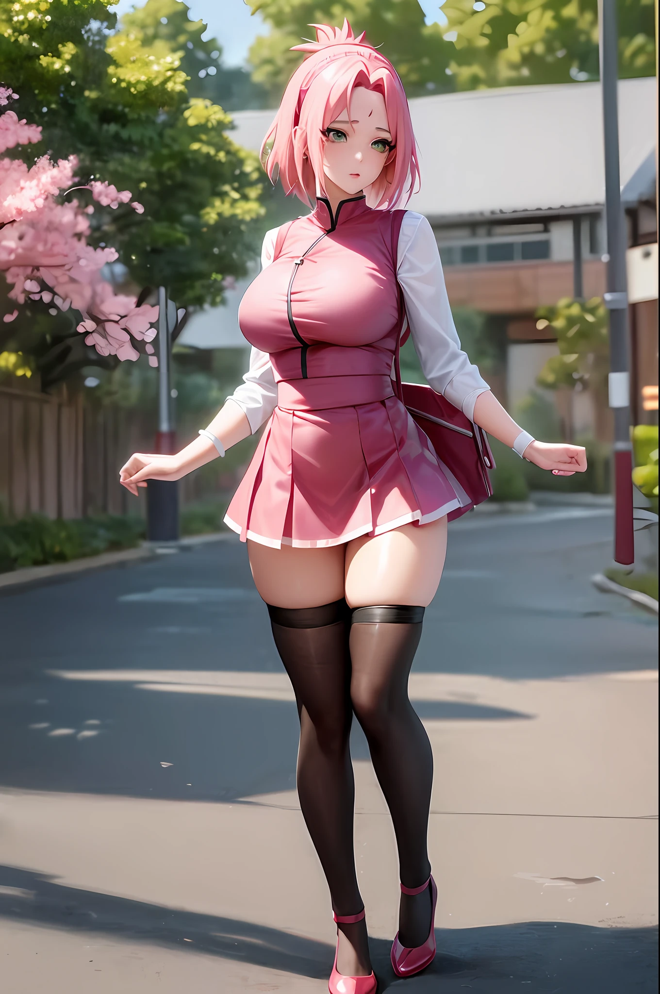 top-quality、masterpiece、女の子1人、8k、Sakura Haruno,A pink-haired,shorth hair,Red headband,Green eyes,Cherry blossom background,thighs thighs thighs thighs,Black tights,校服,student clothes,a short skirt