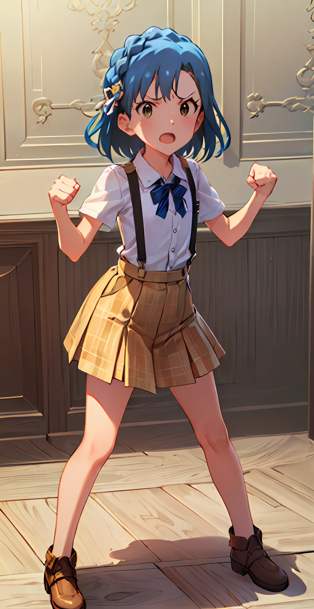 yuriko nanao (million live). Short stature. white t-shirts. suspenders.Skirt.(((masterpiece))).(((best quality))).((Ultra-detailed))).(((illustratio))). (((fighting stance))).(((a room))).(((make a fist))).(((up chest))).Despair face.((short-hair)).((Medium chest)).((Opening Mouth)).((Look at viewers))