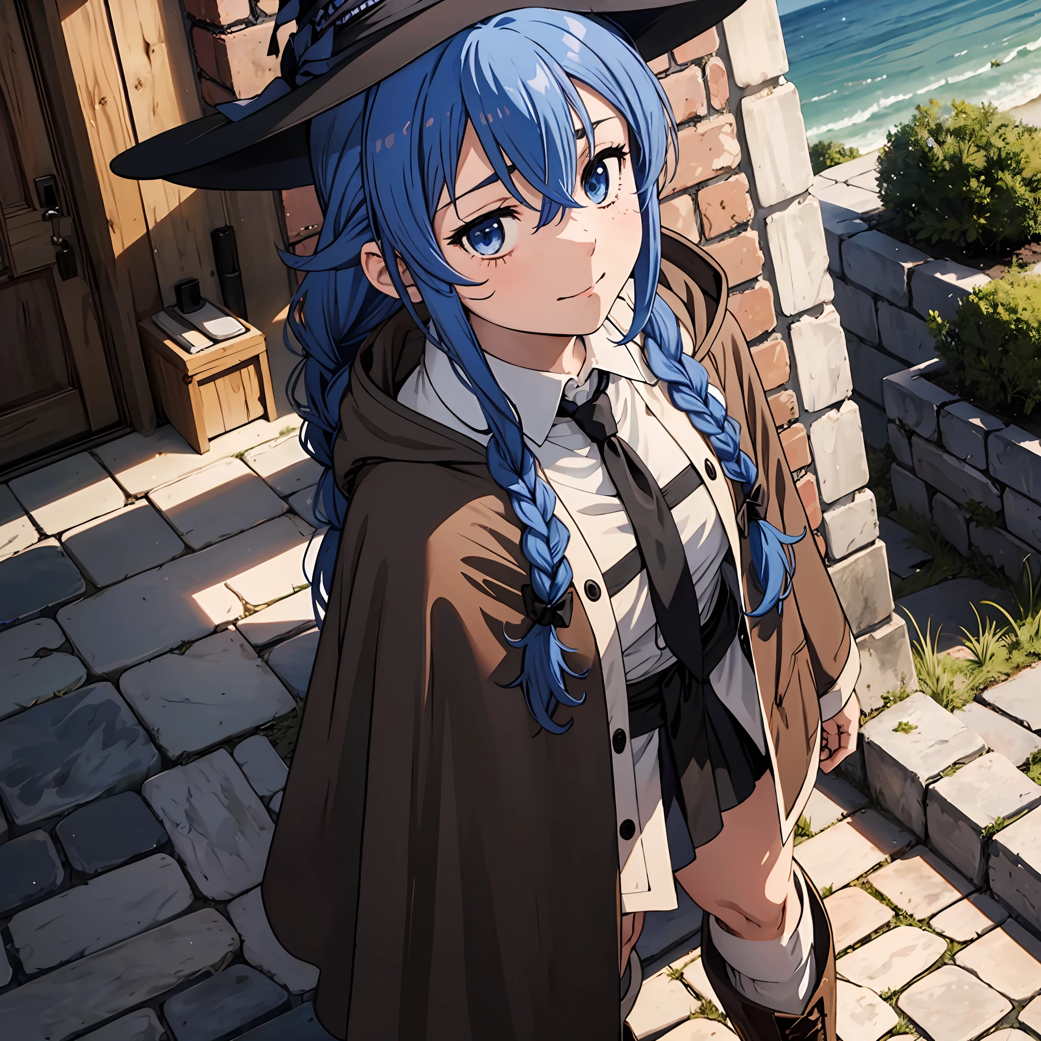 nsfw 1 girls, Roxy Migurdia, Witch Hat, Blue eyes, Blue hair, Twin braids, Twin-tailed, (Brown coat:1.1), Cape, robe, braided ponytails, knee boots, Witch, Holding, , Black socks, Hair Ribbon, bow ribbon, Looking at Viewer, sox, Smile, Closed mouth, plein air, Sun,, (masutepiece:1.2), hight resolution, Best Quality, 8K, Very Very Clear