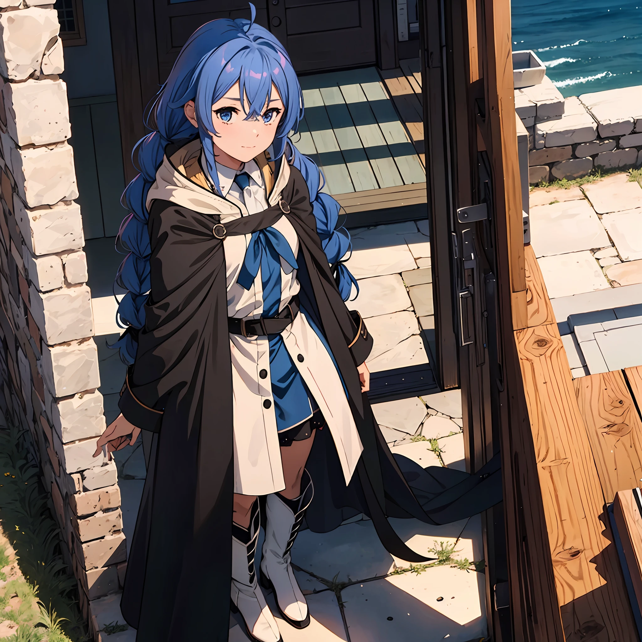 nsfw 1 girls, Roxy Migurdia, Witch Hat, Blue eyes, Blue hair, Twin braids, Twin-tailed, (Brown coat:1.1), Cape, robe, braided ponytails, knee boots, Witch, Holding, , Black socks, Hair Ribbon, bow ribbon, Looking at Viewer, sox, Smile, Closed mouth, plein air, Sun,, (masutepiece:1.2), hight resolution, Best Quality, 8K, Very Very Clear