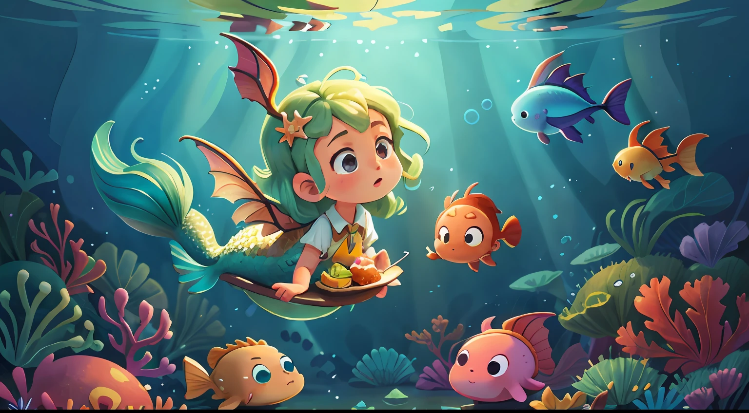 underwaterstyle（（best qualtiy））， （（tmasterpiece））， （A detailed）， pastelcolor， （A high resolution）， Movie rating， high qulity，mermaids，face perfect，borgar， Flying fish， Circling， delicate wings， Dragon Spitfire， magia，