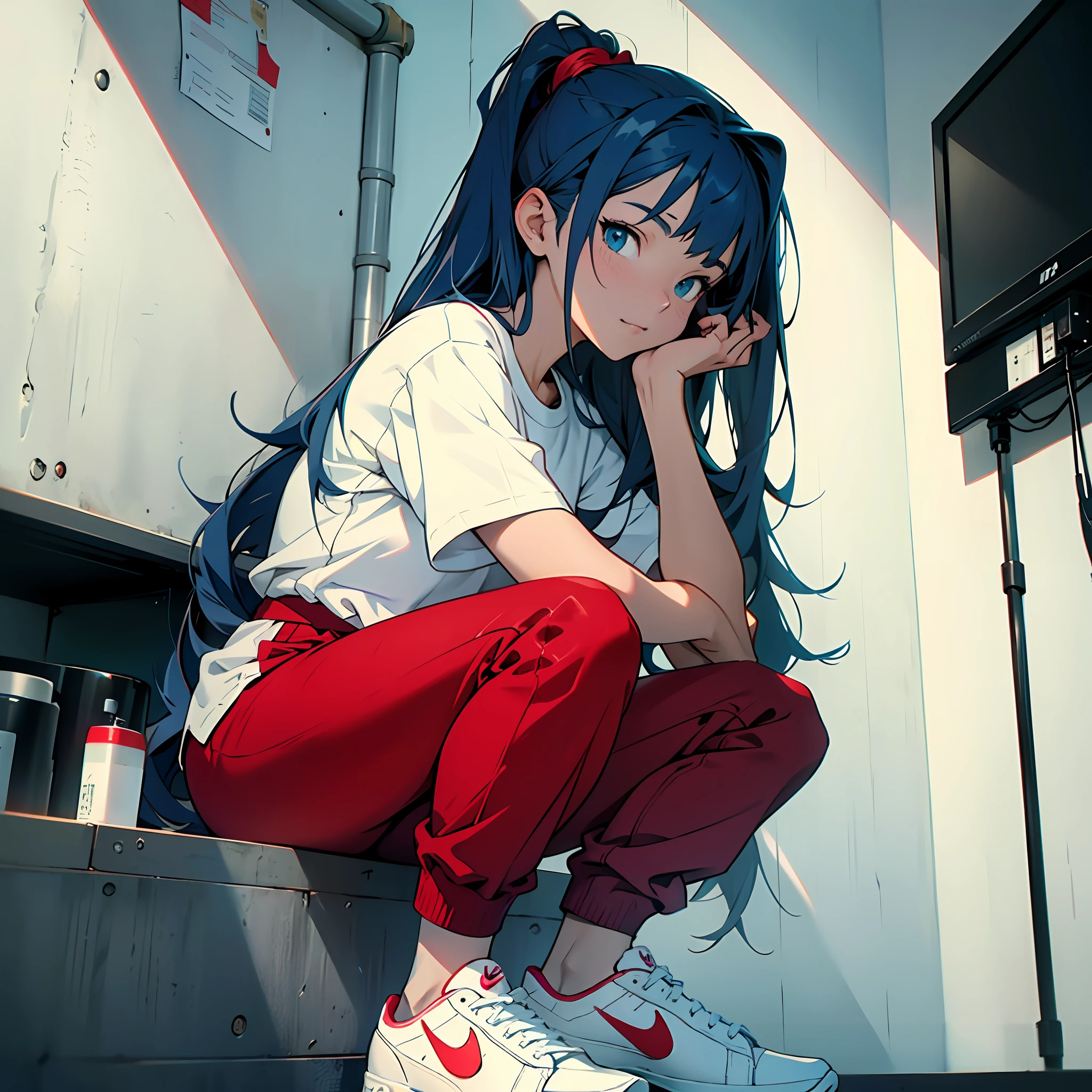 An anime girl in a white shirt and red pants playing a video game，Minimalist style，Wear elegant casual clothing，muted red，Simple clothes，Milk and blue style，casual clothing style，casual modern clothing，inspo , Green clothes, Red pants, Neutral tones, Blue and white color scheme, Home improvement, Lovely face, Nike shoes, ***, **** face, Long hair, ((Dark blue hair)) --auto