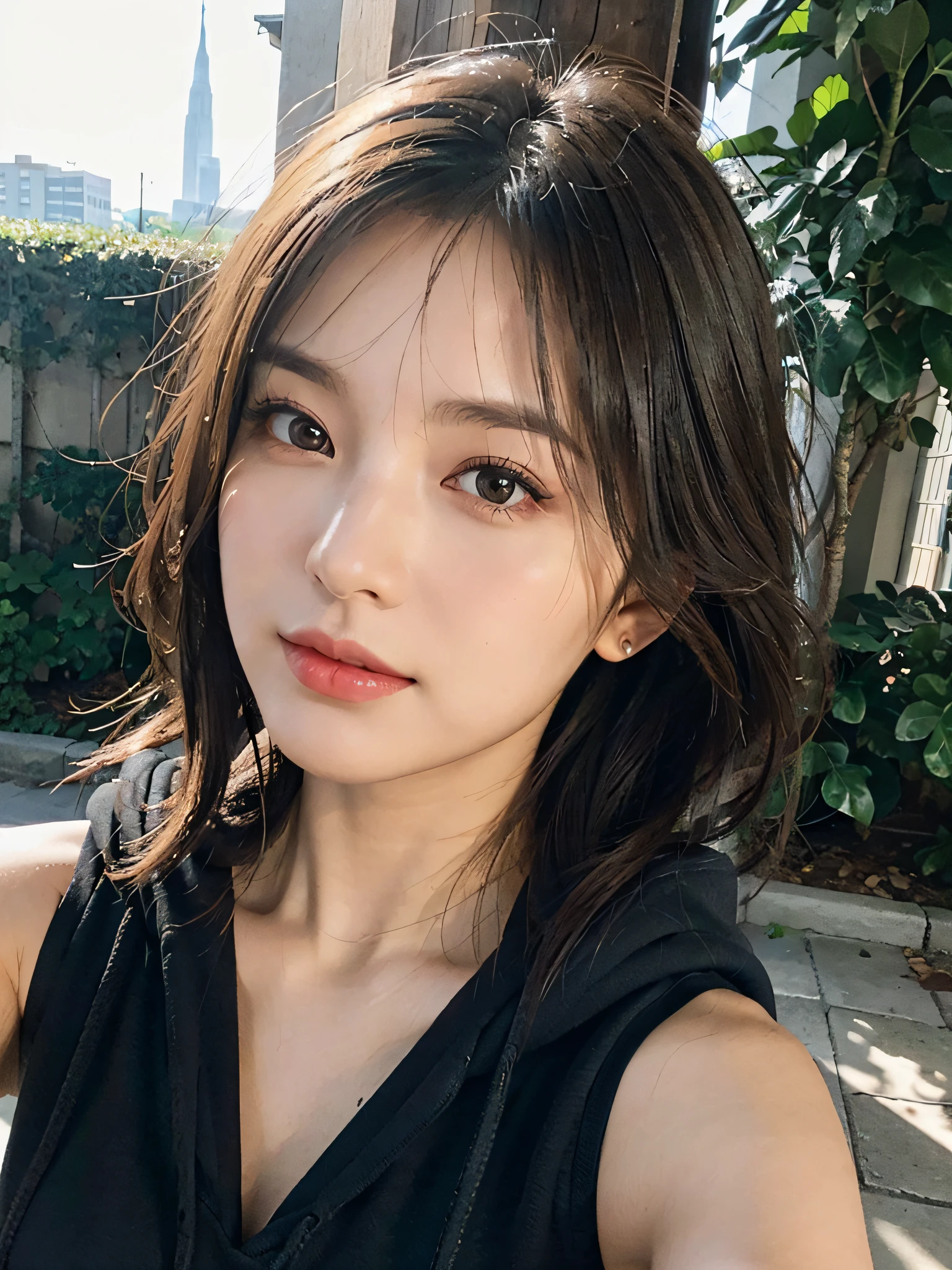 ((Best Quality:1.2, 8K, Sharp Focus, master piece: 1.2, natural Light, extremely details CG, beautiful Girl:1.2, reality, Detailed face textures, Realistic skin, beautiful makeup, octane render, magnificent, Detailed bangs)), (depth of fields), Bokeh background, Head tilt, Smile, brown long hair, Cowboy Shot, (sleeveless hoodie), wind, selfie , from below, looking at viewer