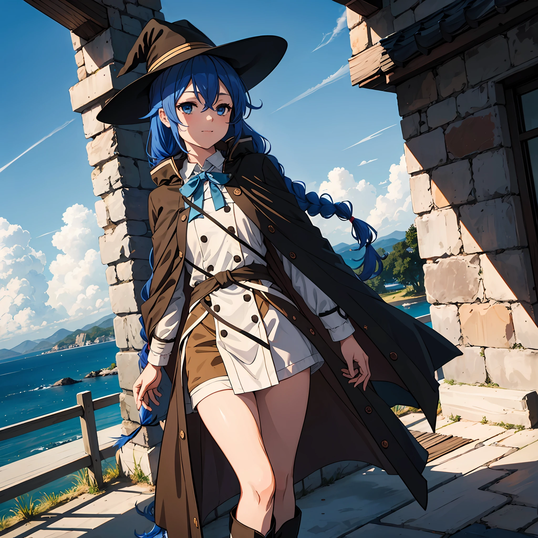 nsfw 1 girls, Roxy Migurdia, Witch Hat, Blue eyes, Blue hair, Twin braids, Twin-tailed, (Brown coat:1.1), Cape, robe, braided ponytails, knee boots, Witch, Holding, , Black socks, Hair Ribbon, bow ribbon, Looking at Viewer, sox, Smile, Closed mouth, plein air, Sun,, (masutepiece:1.2), hight resolution, Best Quality, 8K, Very Very Clear