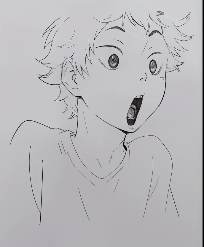 Draw a boy with a surprised look on his face, ;Open mouth, inspired by Yumihiko Amano, manga style of kentaro miura, pencil and ink manga drawing, Line sketch!!, ink manga drawing, comic drawing, kentaro miura manga art style, author:Middle Bokuhn, pencil and ink manga