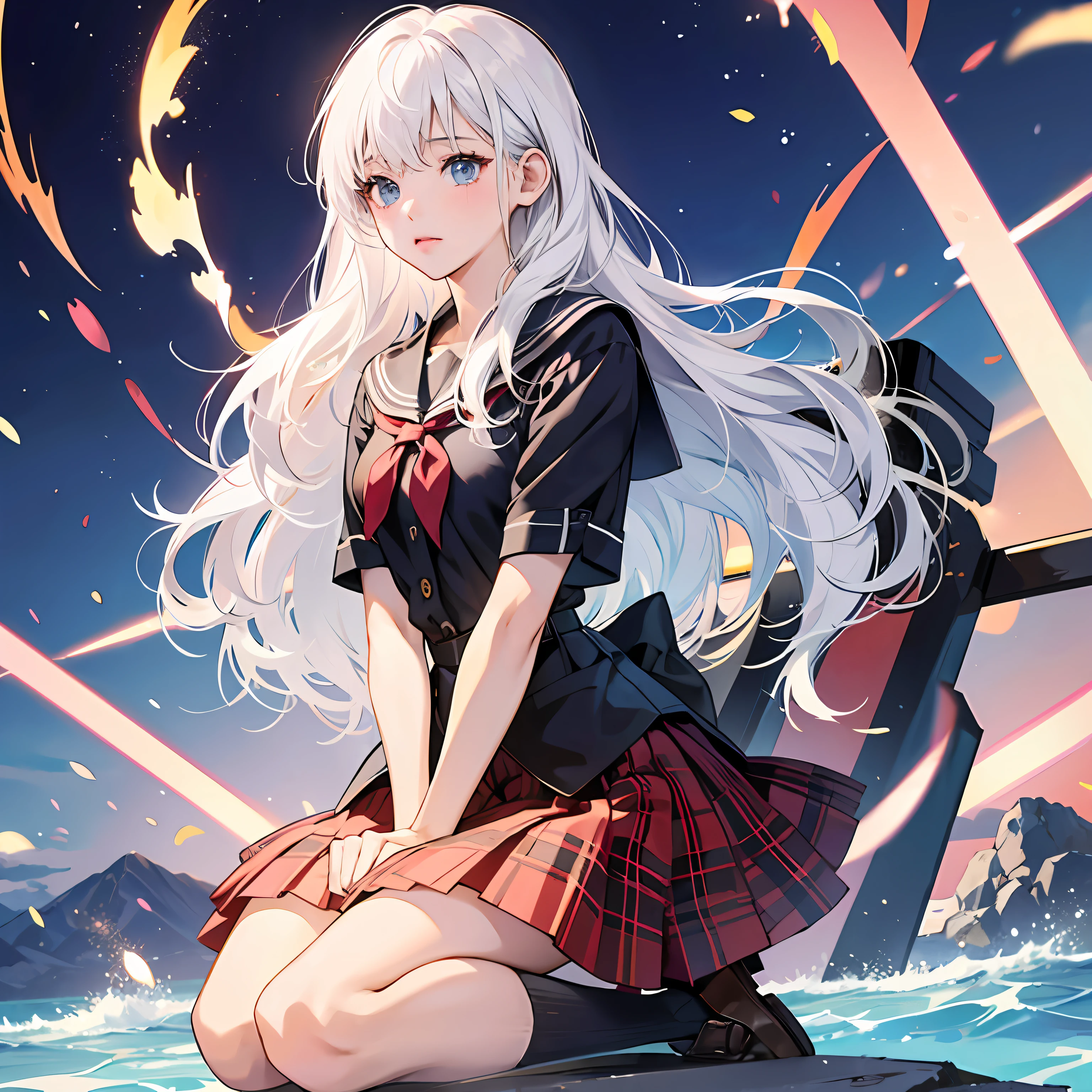 high high quality, foundation, JK, JK erotic skirt, schoolgirls, White hair, Shy, Anime, Award-Awarded, High quality