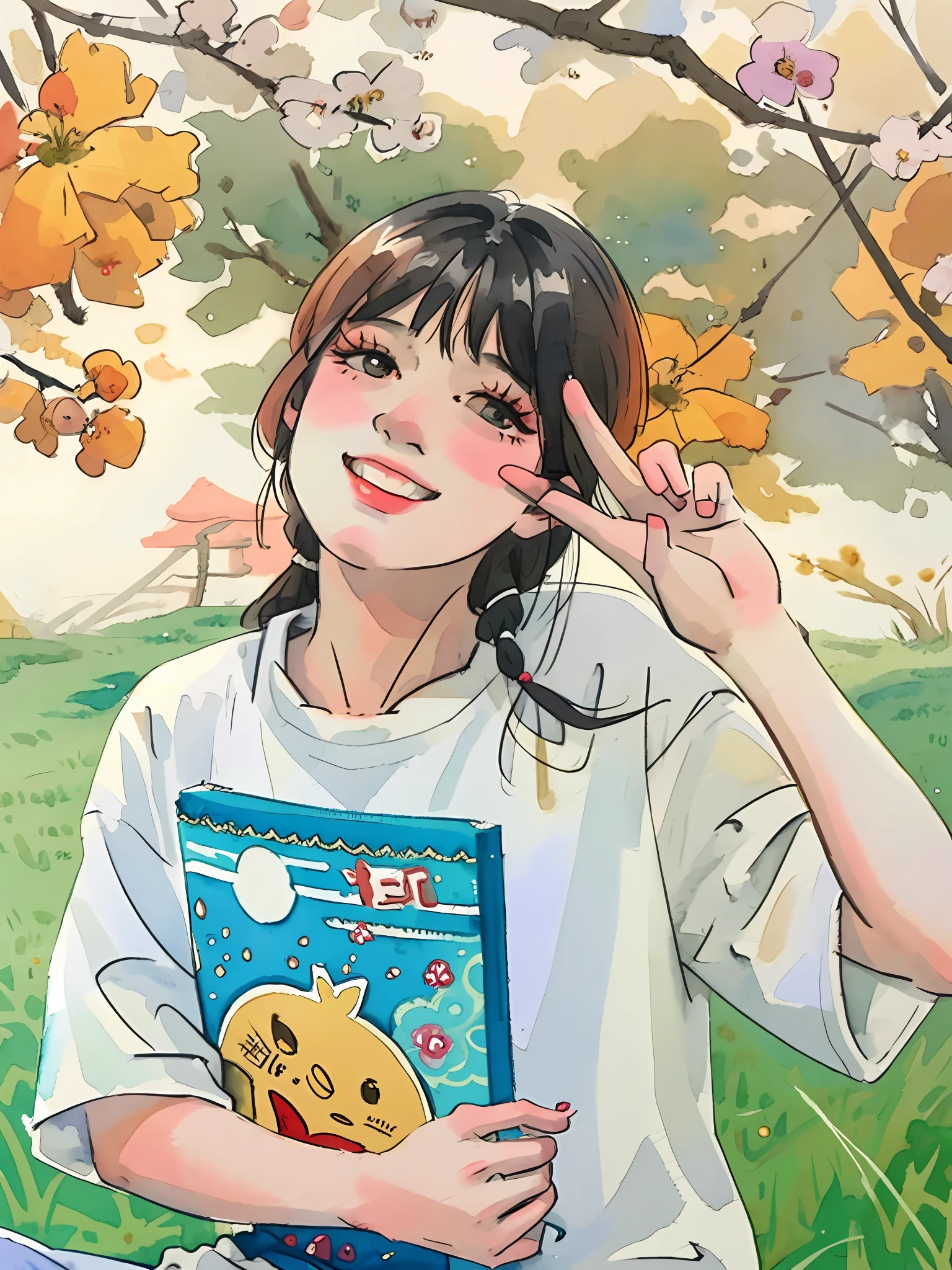 arafed girl sitting on the grass with a book and a peace sign,,(Masterpiece), (best detail), (Best quality),(((watercolor ))),watercolor background,(Tokyo)(Japanese kimono culture),watercolor background,happy,small, Young and good-looking(vintage background),chch-style,full and correct eyes,low color saturation,Sketch