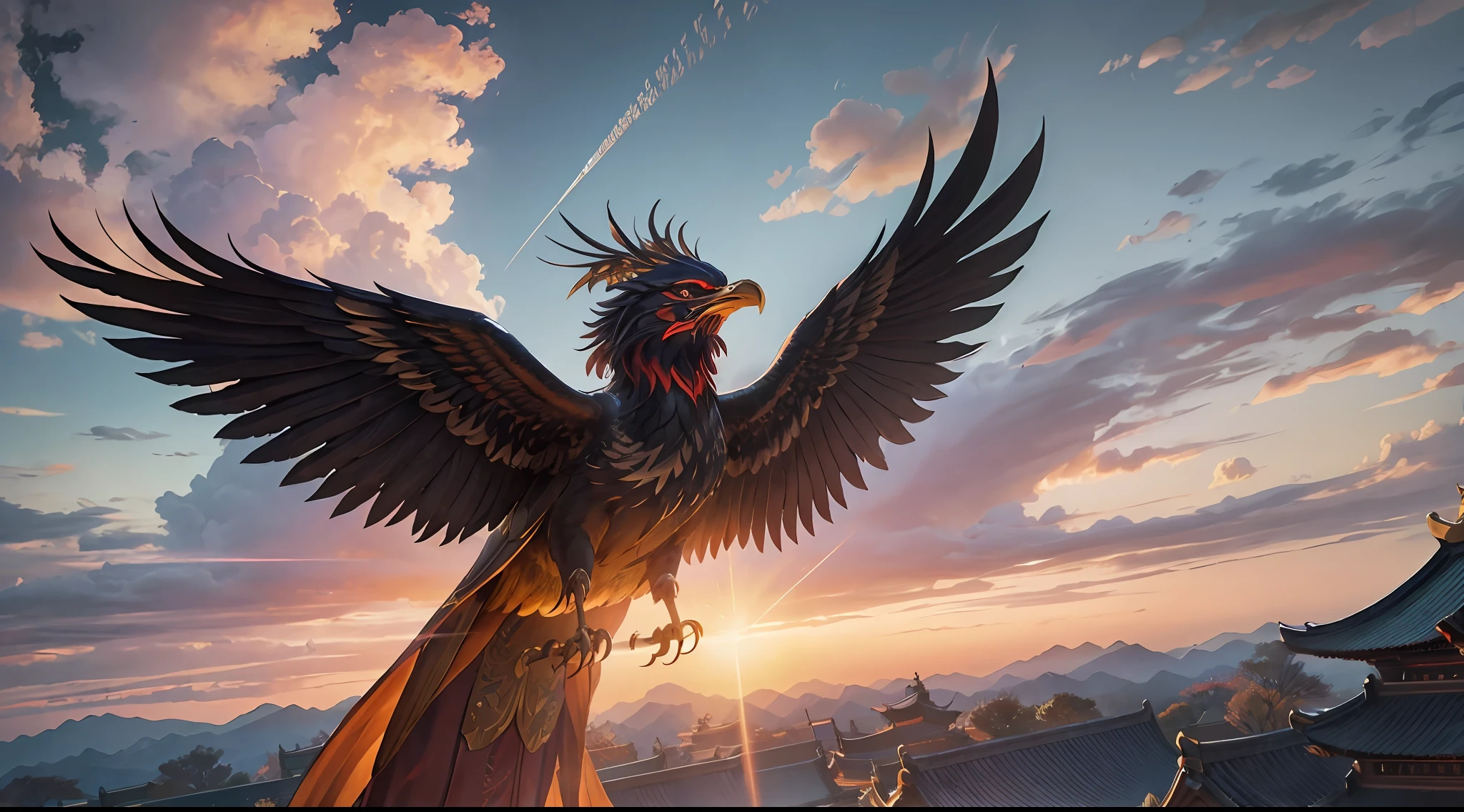 Phoenix wind of Byodoin Phoenix Hall、The whole body is gold、nails are sharp、Sharp face、Dynamic、Dynamism、Flying in the Sky、Photorealism Based Details Widget 1.3, Ultra-detailed depiction、Cinematic shots with HDR effect、Vignette and center screen、Generate in automatic mode。 --auto