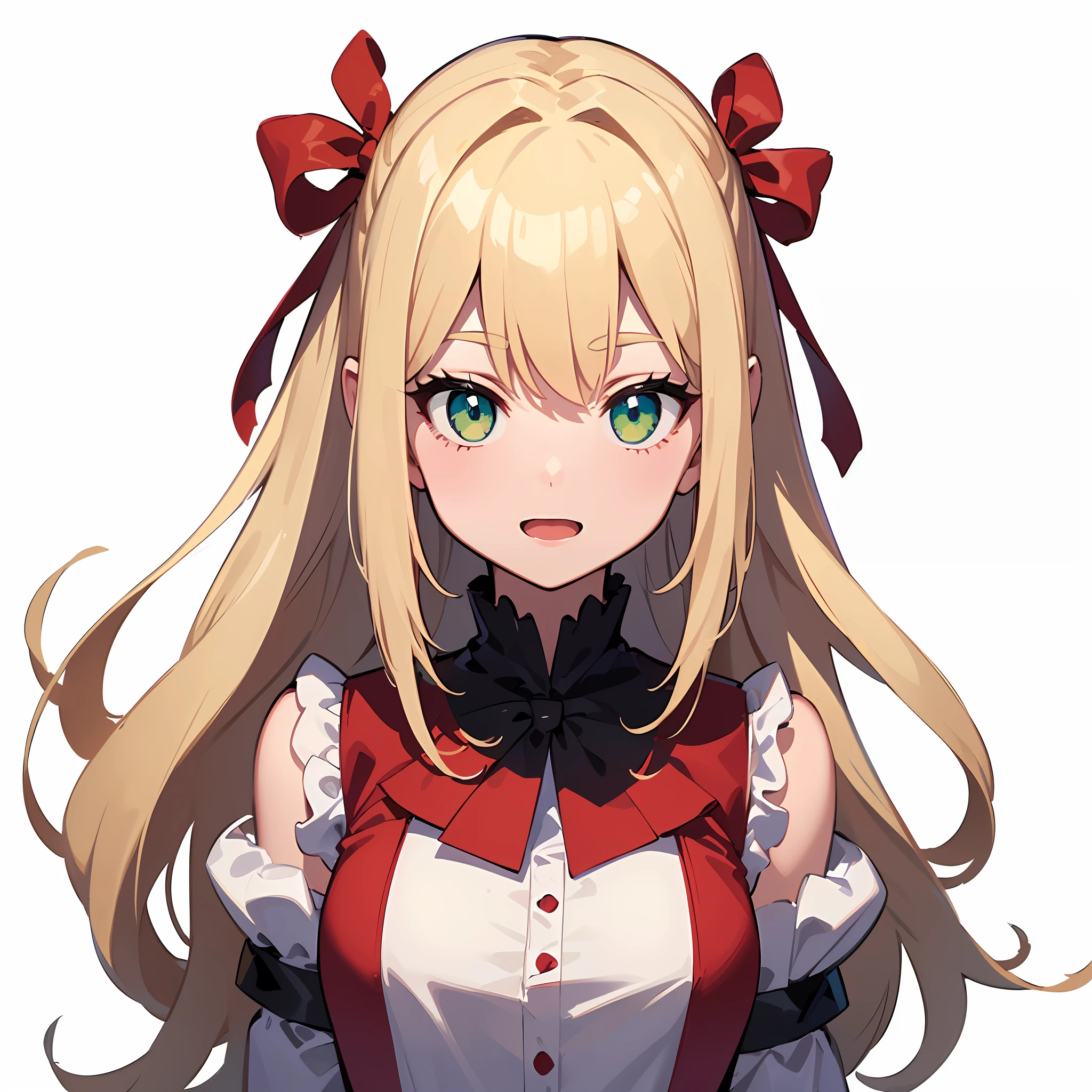 (masterpiece:1.3), (best quality:1.3), high resolution,
upper body,
body facing forward, (upright:1.3), (arms at sides:1.3),
(one cute girl:1.3), solo,
white skin, small Breast, eight-headed person,
light yellow hair, long hair, red ribbon, fluffy hair, beautiful hair, green eyes, beautiful detailed eyes,
open mouth, cheerful smile,
frilled dress, pink dresses,
(white background:1.2), simple background,
concept art, three-sided view, reference sheet, shadowlighting,