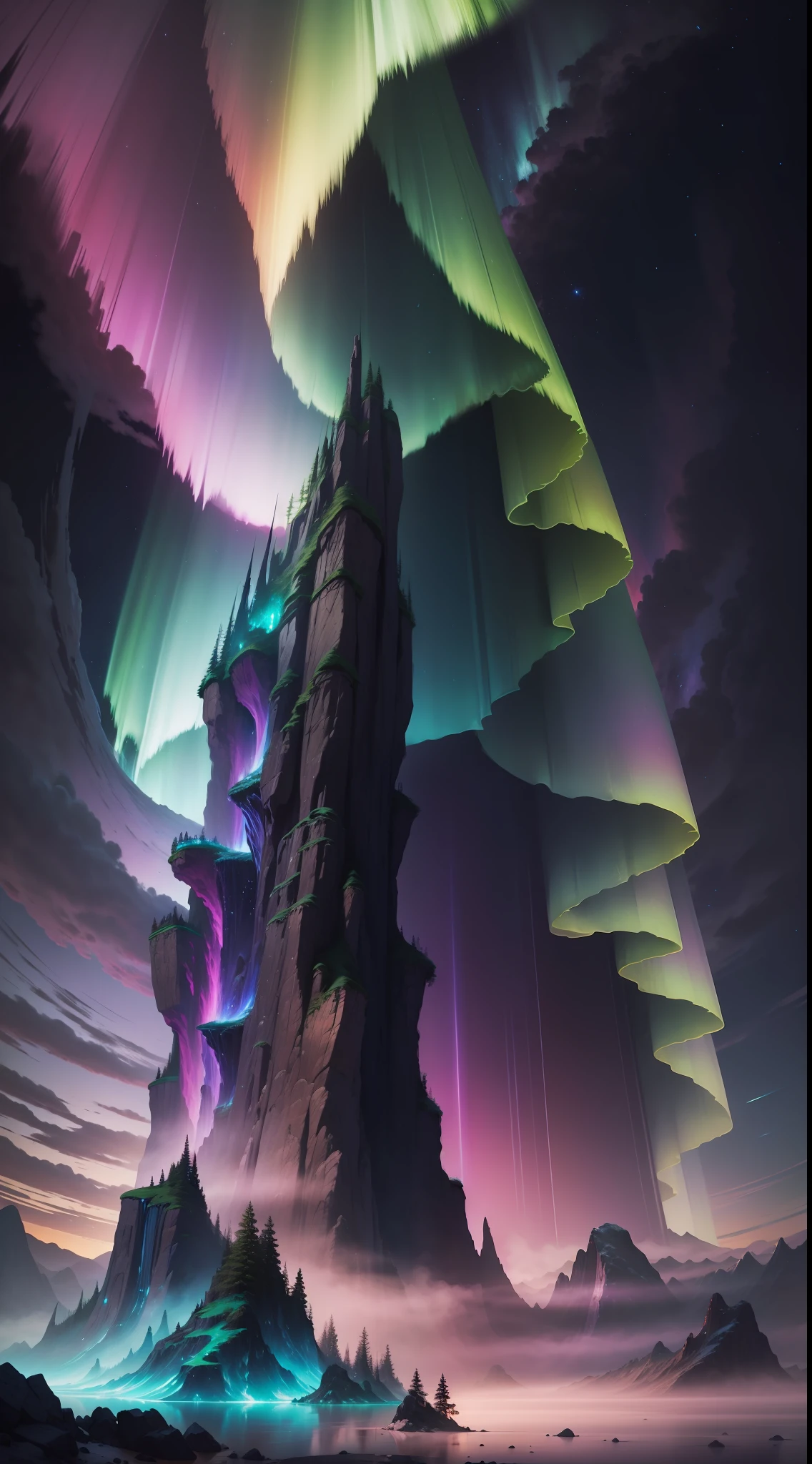 Behold, Auroradia, a realm of unparalleled beauty and magic! In this mythical world, the sky is an ever-changing canvas of dazzling colors, with cascading rainbows weaving through the clouds at all times. Amidst the vibrant flora and fauna, you'll find towering, iridescent trees that sparkle like gemstones, their leaves shimmering in shades of azure, amethyst, and emerald.