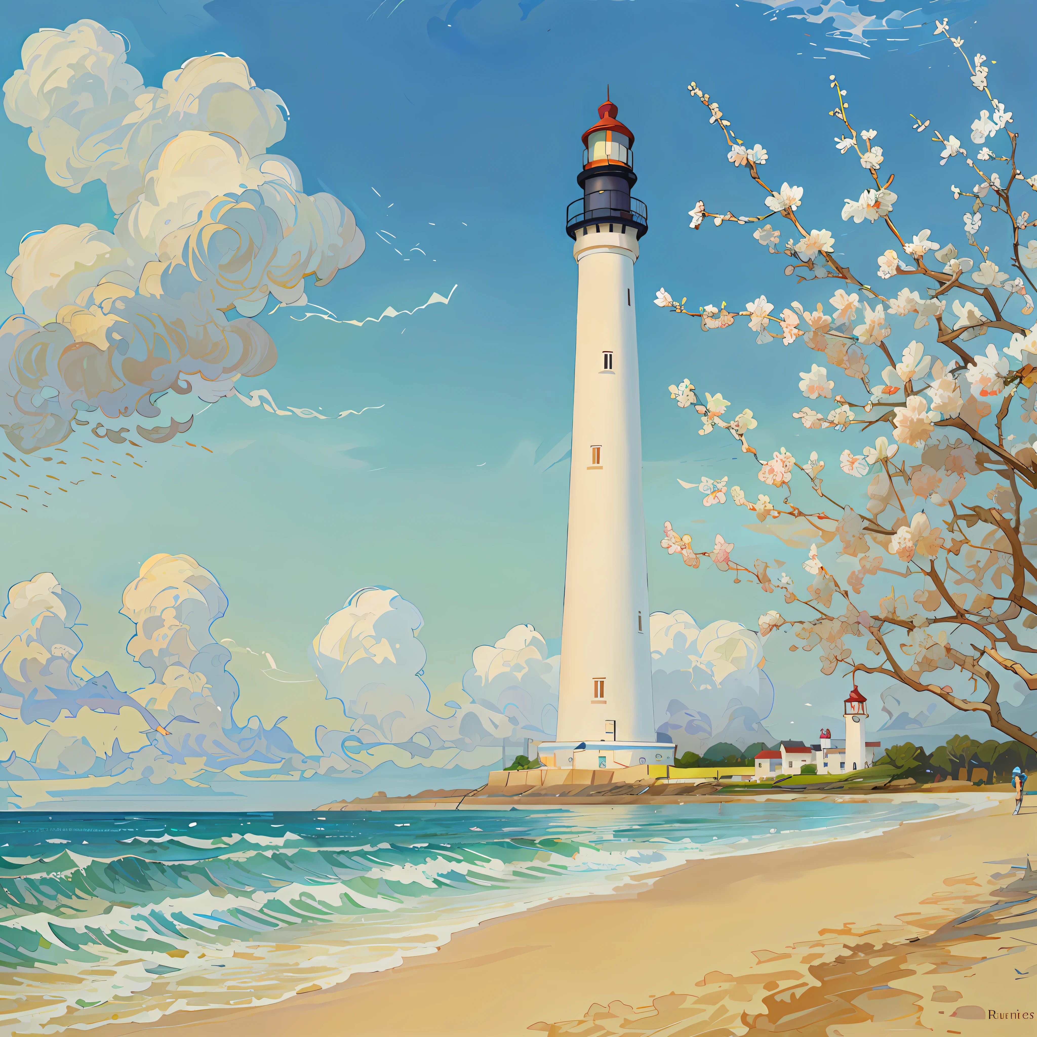Lighthouse painting on the beach，There is a tree in the foreground, Laurent Durieux, beautiful painting of a tall, rhads and lois van baarle