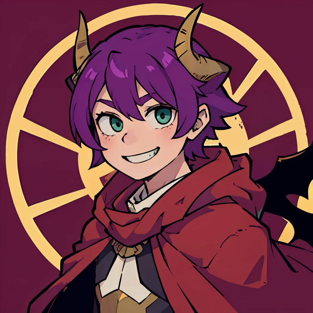 Boy with purple hair、Dull green eyes、tusk、((Deformed))、3rd class、Bust-up composition、a smile、red cloak、Jumping out of the round frame、For icons