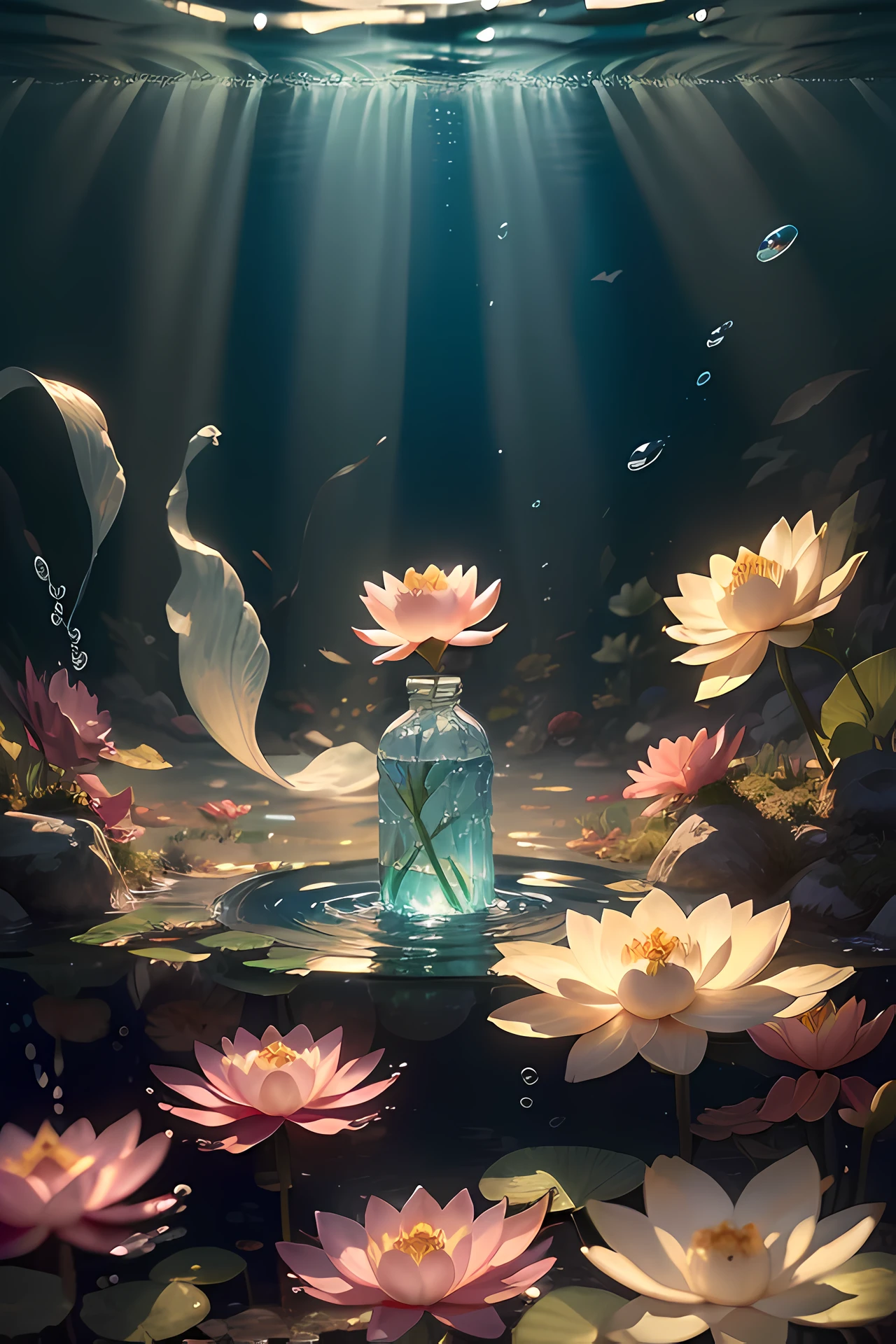 (((masterpiece))), (((best quality))), ((ultra-detailed)),((an extremely delicate)),sun light,((underwater)), lotus flowers, ((a water bottles in the canter：1.5)), water ripples