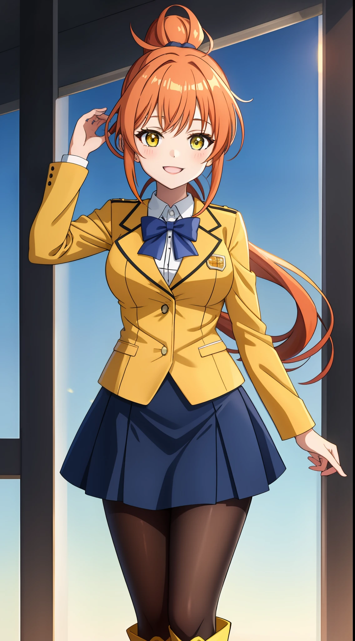 An anime girl with long orange hair tied up in a ponytail by a lught blue bow, wearing a white collared shirt with a light blue tie and a stylish short yellow jacket with long sleeves. She has a vibrant yellow skirt paired with black leggings and vibrant white boots. She is senisitive but alos empathetic towards othes. Petite, hourglass figure, large chested. She is smiling in the shot. The scene takes place in a university.