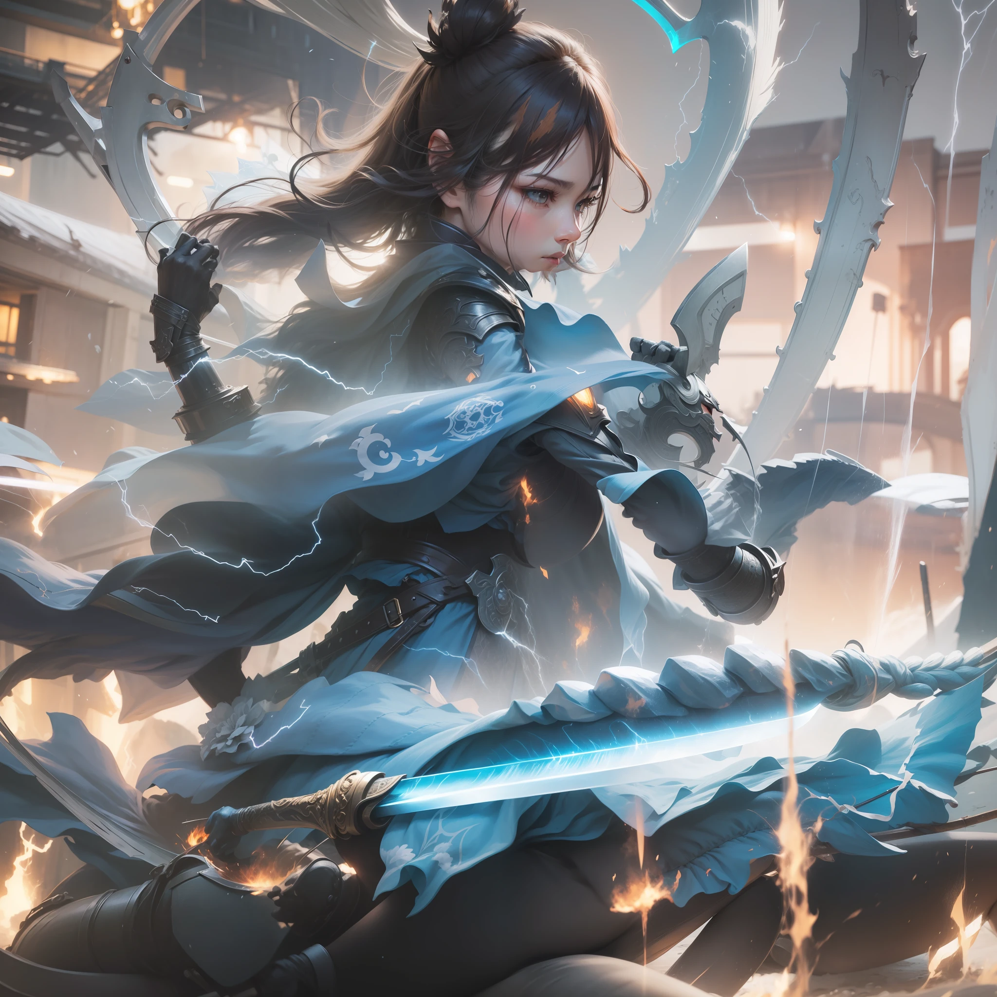 Sword in hand,Facial adjustment,Back Shadow,Turn Back。Thunder arc around