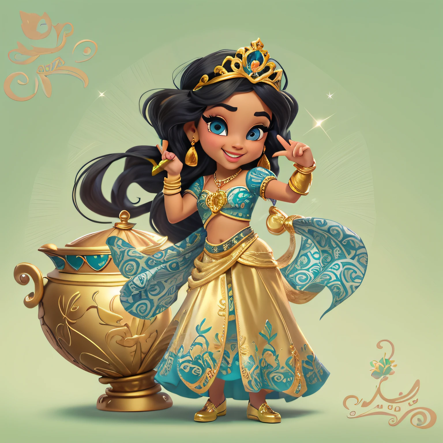 "Draw Jasmine from Aladdin as an adorable baby chibi in an animation, Pose divertida. She's alone on a neutral background, destacando-se como personagem principal. Jasmine tem olhos grandes e brilhantes, com longo, expressive eyelashes. Her hair is represented by fluffy and voluminous locks in a lush shade of black, com uma tiara dourada decorada com pedras preciosas. Ela usa uma fantasia fofa com um top justo e uma saia fluida, ambos em tons de azul-claro e dourado. Jasmine is holding a magic lamp in one hand, with an expression of joy on his charming face. Every detail is rich in vibrant colors and smooth textures to create an 8K art full of cuteness and magic!"
Chibi, baby