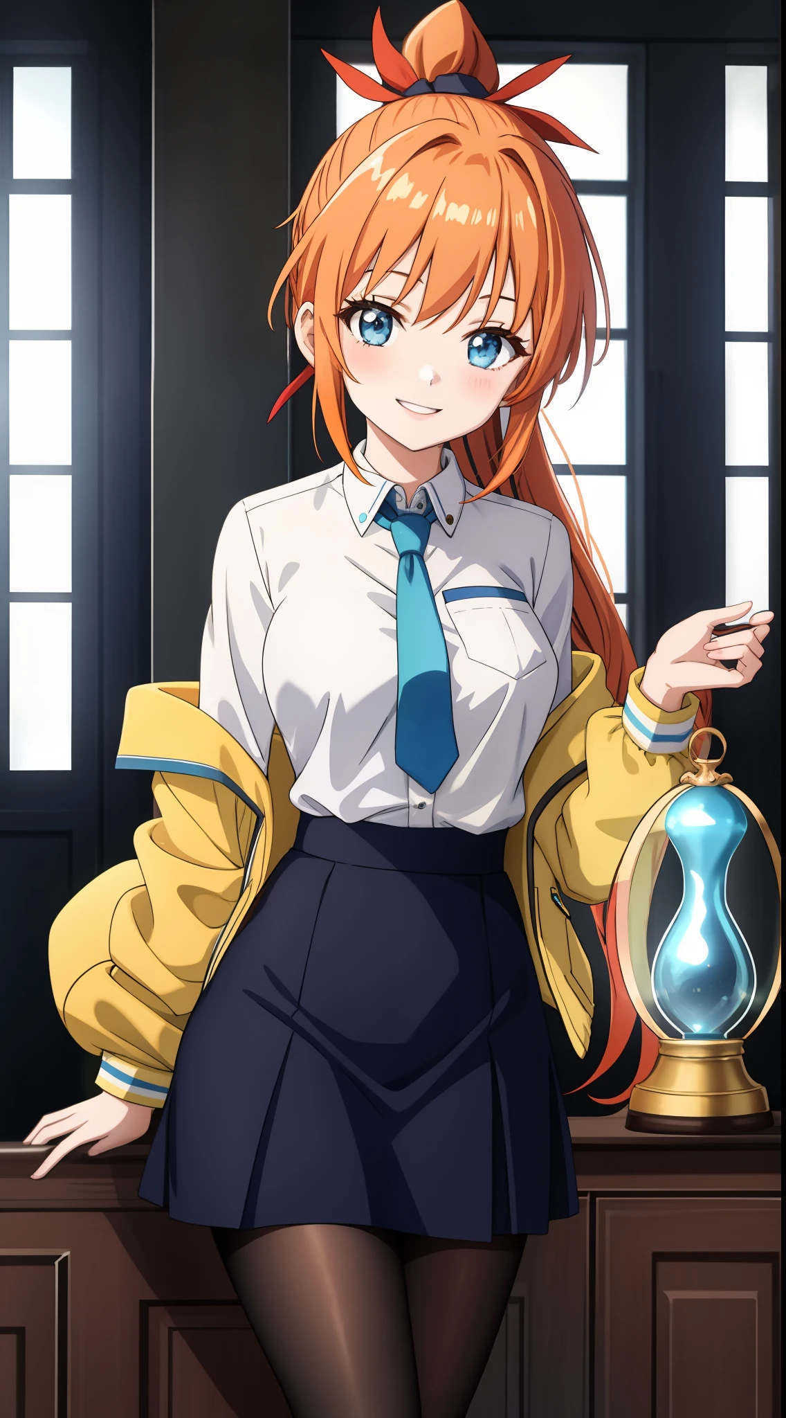 An anime girl with long orange hair tied up in a ponytail by a lught blue bow, wearing a white collared shirt with a light blue tie and a stylish short yellow jacket with long sleeves. She has a vibrant yellow skirt paired with black leggings and vibrant white boots. She is senisitive but alos empathetic towards othes. Petite, hourglass figure, large chested. She is smiling in the shot. The scene takes place in a university.