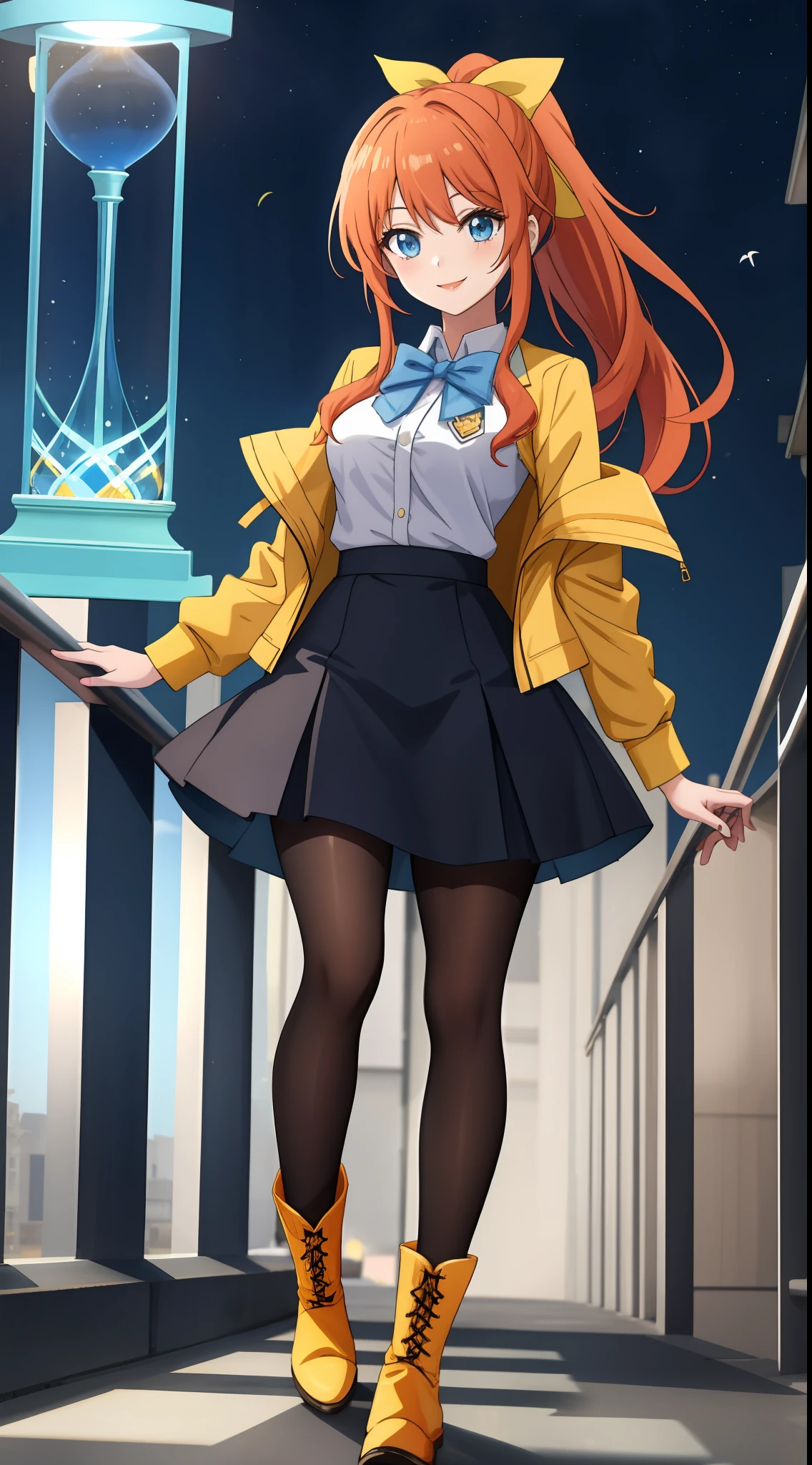 An anime girl with long orange hair tied up in a ponytail by a lught blue bow, wearing a white collared shirt with a light blue tie and a stylish short yellow jacket with long sleeves. She has a vibrant yellow skirt paired with black leggings and vibrant white boots. She is senisitive but alos empathetic towards othes. Petite, hourglass figure, large chested. She is smiling in the shot. The scene takes place in a university.
