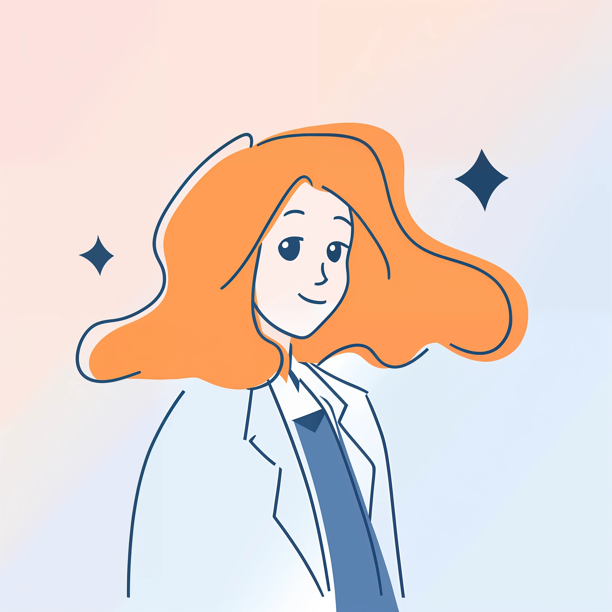 There is a painting of a woman in a tie and a suit, wearing lab coat and a blouse, she has long redorange hair, flowing glowing hair, With a lab coat, 2 d illustration, 2D illustration, no gradien, Cartoon style illustration, Simple and clean illustration, Red-haired woman, Dana Sculley's cartoonist, Linear illustration