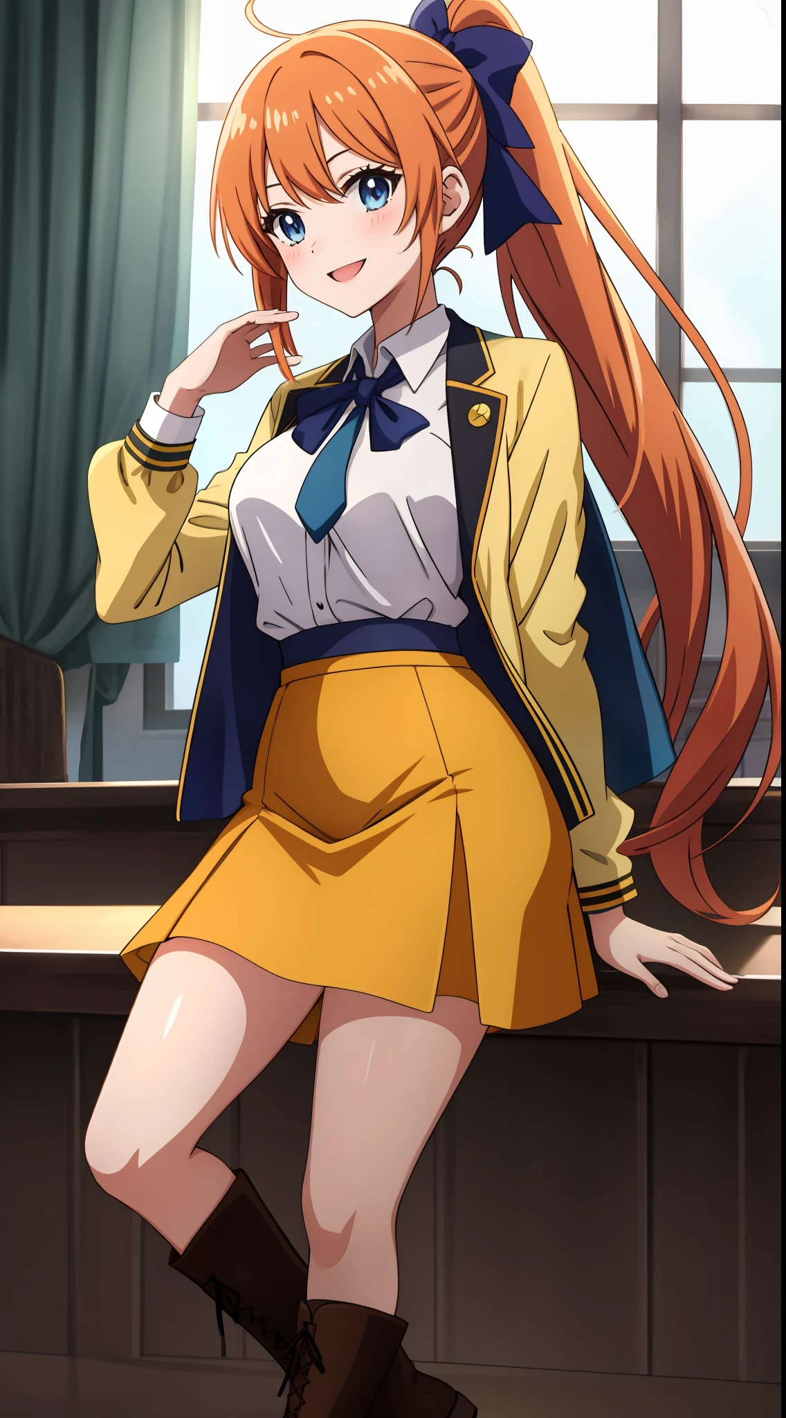 An anime girl with long orange hair tied up in a ponytail by a lught blue bow, wearing a white collared shirt with a light blue tie and a stylish yellow jacket with long sleeves. She has a vibrant yellow skirt paired with black leggings and vibrant white boots. She is senisitive but alos empathetic towards othes. Petite, hourglass figure, large chested. She is smiling in the shot. The scene takes place in a university.