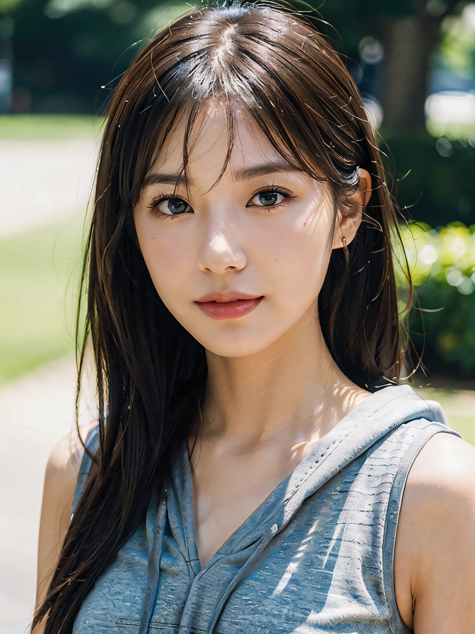 ((Best Quality:1.2, 8K, Sharp Focus, master piece: 1.2, natural Light, extremely details CG, beautiful Girl:1.2, reality, Detailed face textures, Realistic skin, beautiful makeup, octane render, magnificent, Detailed bangs)), (depth of fields), Bokeh background, Head tilt, Smile, brown long hair, Cowboy Shot, (sleeveless hoodie), wind, from below, looking at viewer