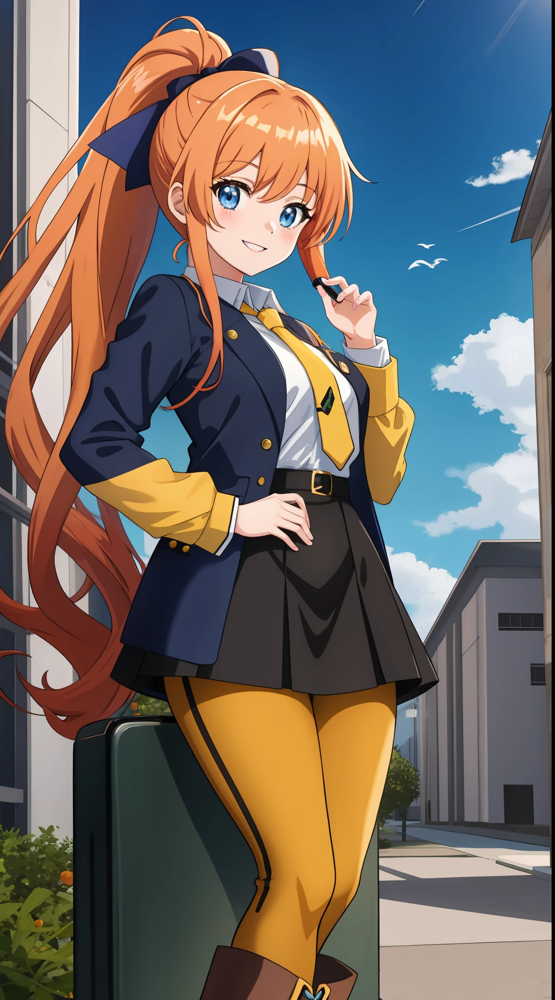 An anime girl with long orange hair tied up in a ponytail by a lught blue bow, wearing a white collared shirt with a light blue tie and a stylish short yellow jacket with long sleeves. She has a vibrant yellow skirt paired with black leggings and vibrant white boots. She is senisitive but alos empathetic towards othes. Petite, hourglass figure, large chested. She is smiling in the shot. The scene takes place in a university.