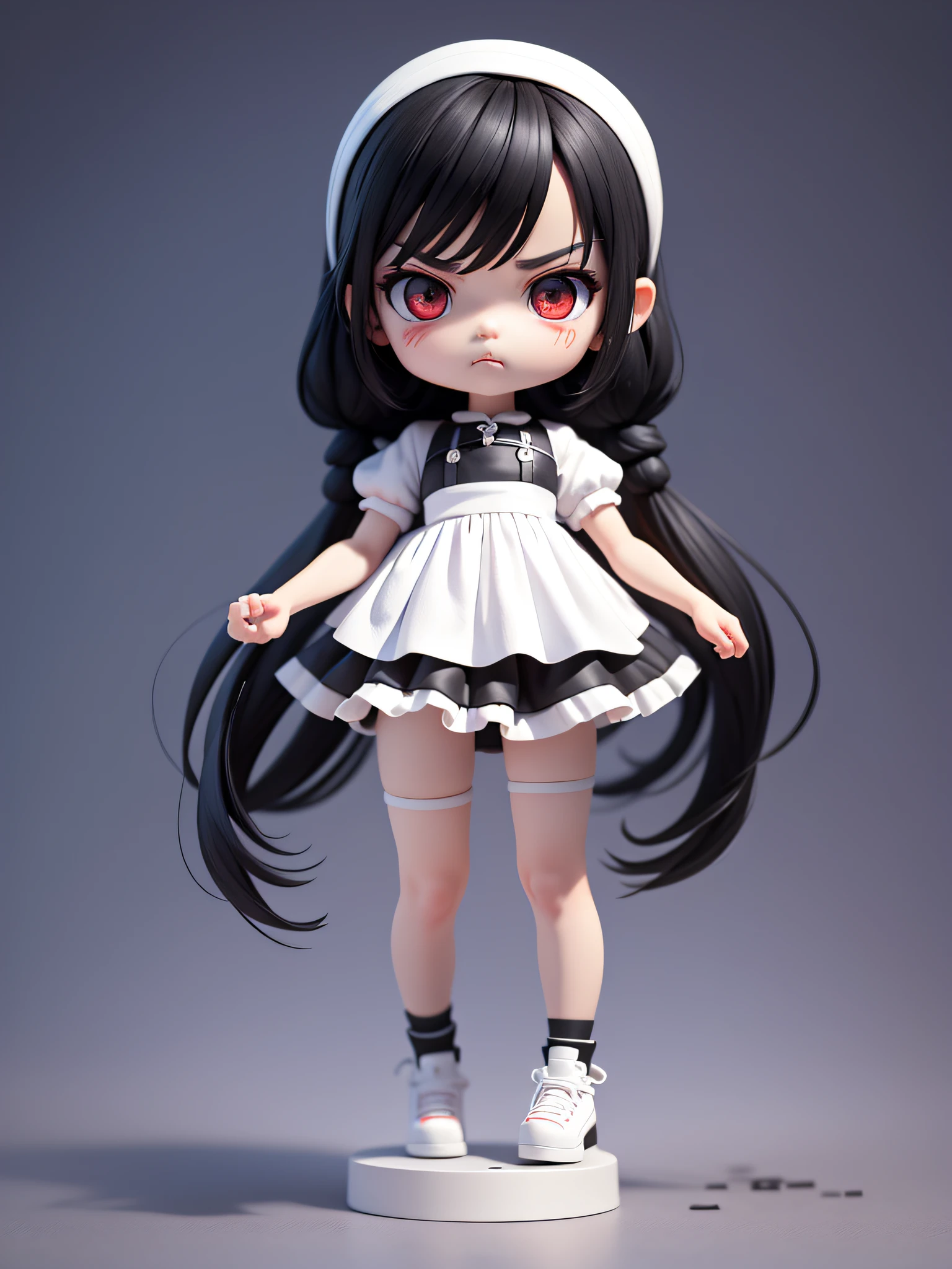(​masterpiece)、(top-quality)、(full body:1.2)、angry, a very cute and beautiful chibi anime girl, straight black hair, black eye, white cook clothes, simple flat background, full body, standing, highly detailed face and eyes, clearly outlined, solo