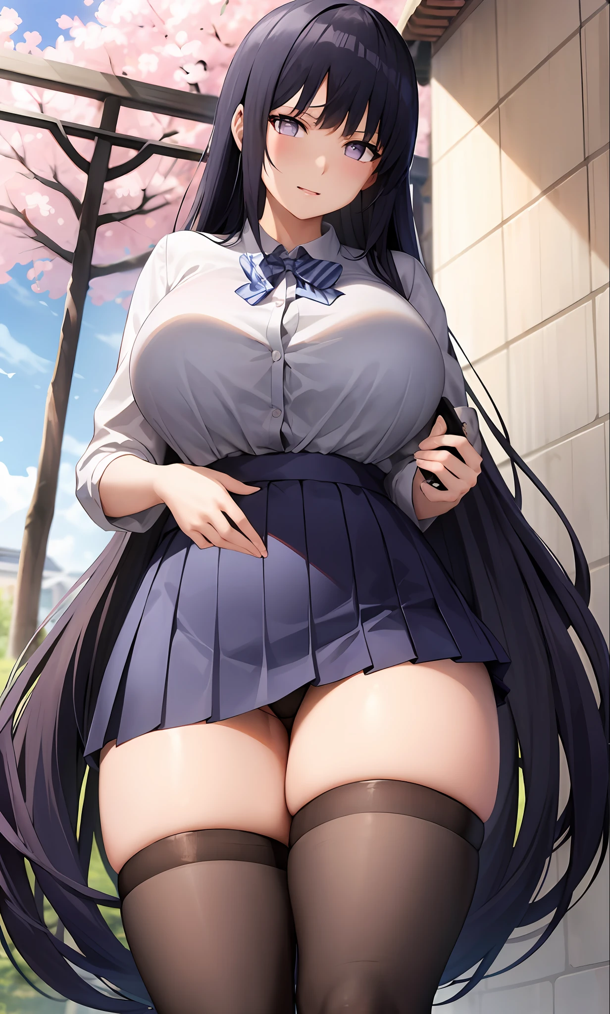 top-quality、​masterpiece、女の子1人、8K、Cherry blossom background,thighs thighs thighs thighs,Black tights,校服,student clothes,huge tit,a short skirt,Hinata Hyuga,darkblue hair